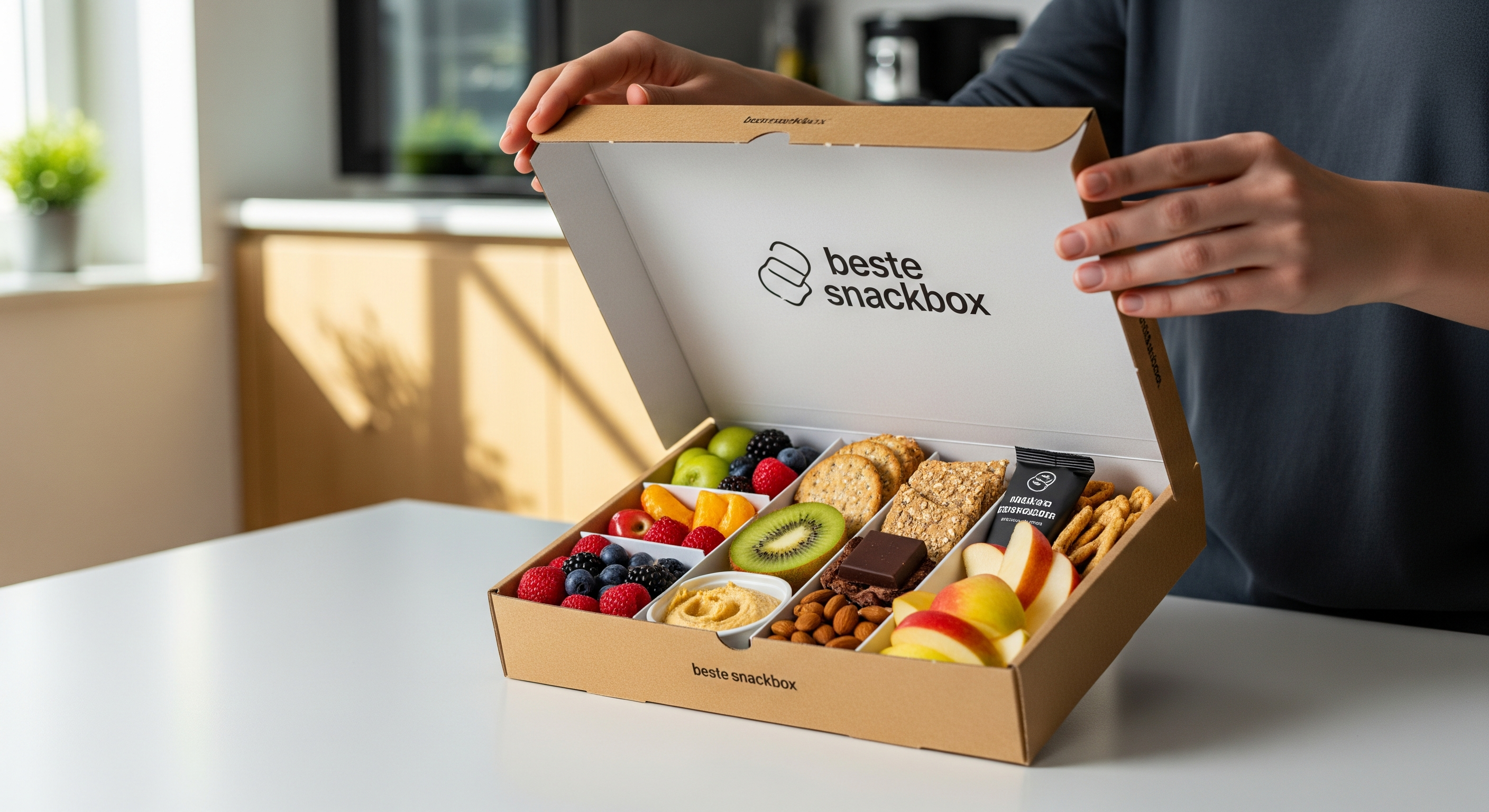 Person öffnet eine Snackbox mit gesunden Bio-Snacks am Küchentisch