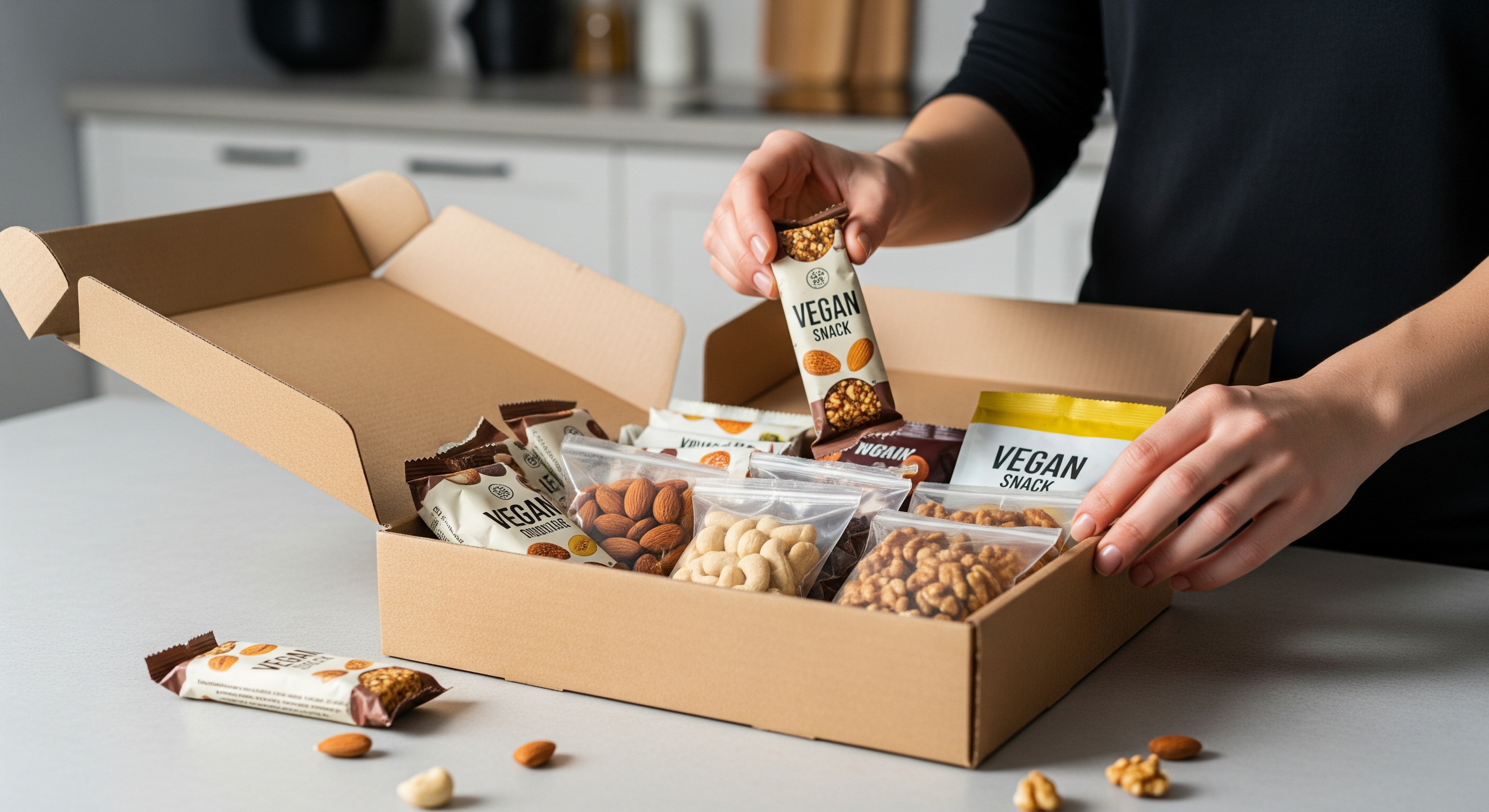 Person packt vegane Snackbox mit Riegeln und Nüssen auf einem Küchentisch aus