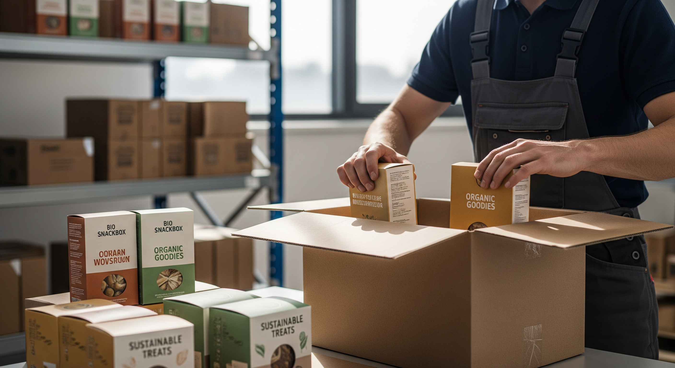 Versandmitarbeiter packt nachhaltige Bio-Snackboxen in recycelte Kartons in einem Lager