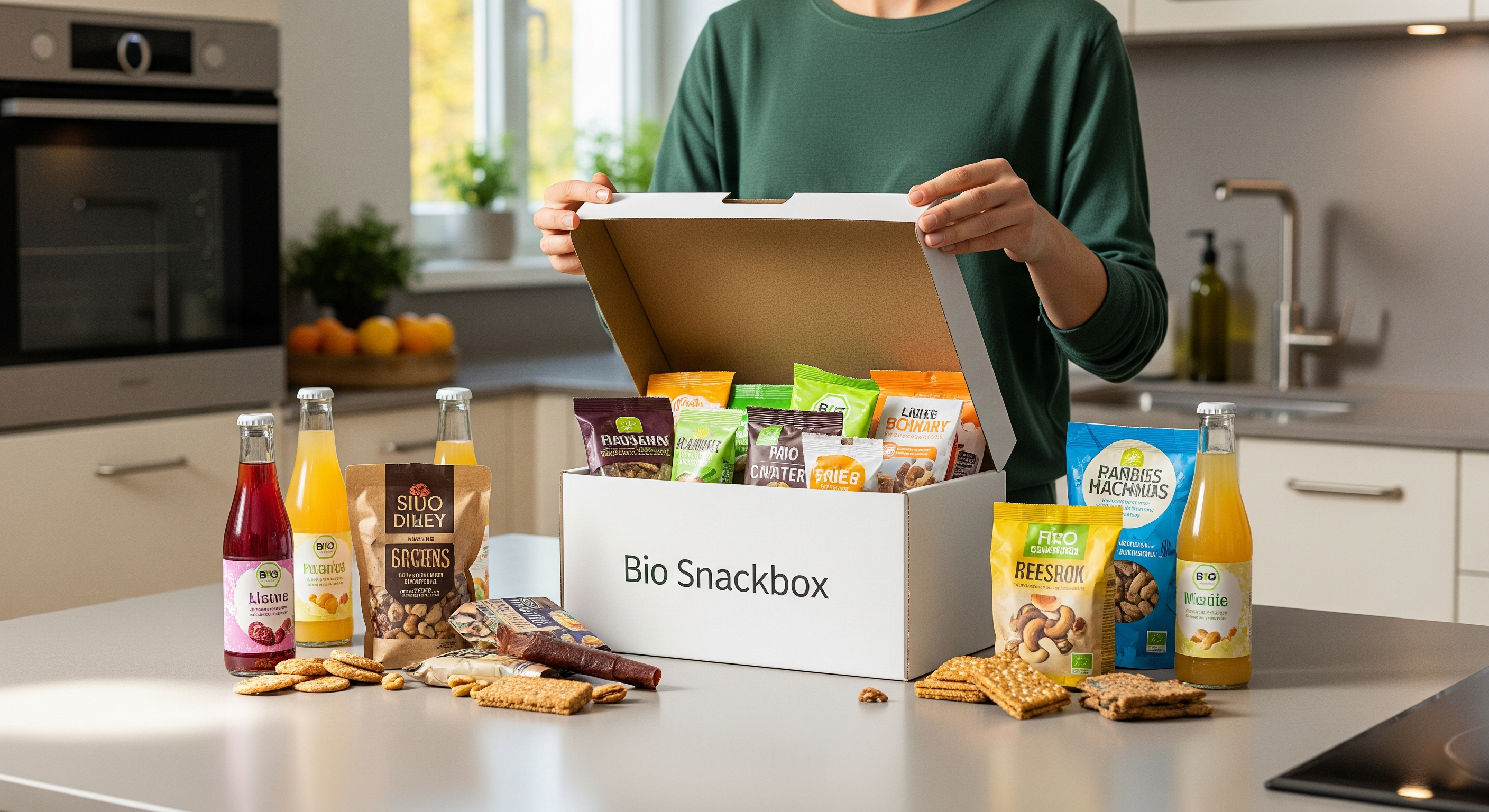Person öffnet eine Bio-Snackbox in einer modernen Küche mit verschiedenen Snacks und Getränken