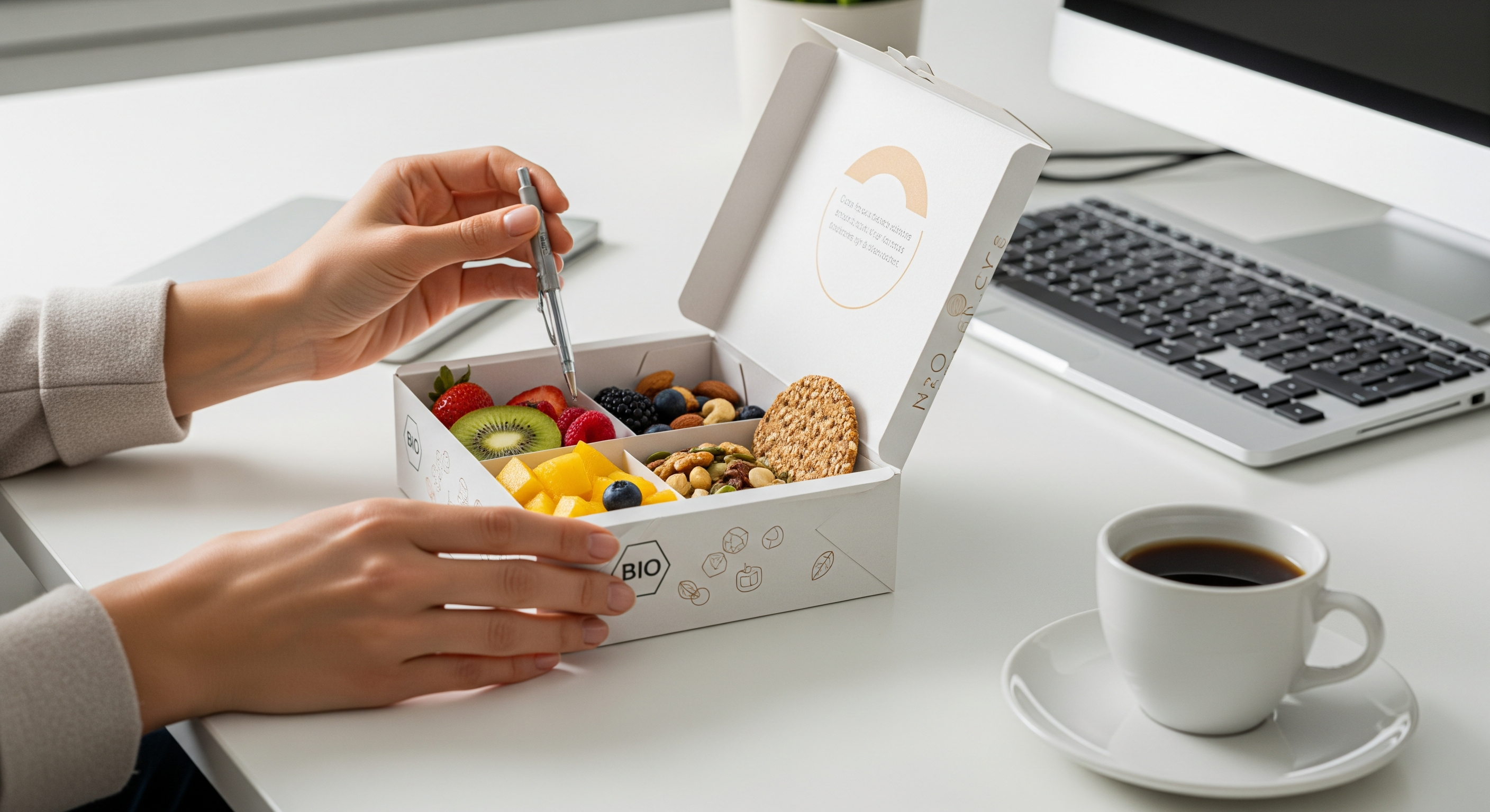 Person öffnet eine Bio Snackbox mit gesunden Snacks am Schreibtisch im Büro