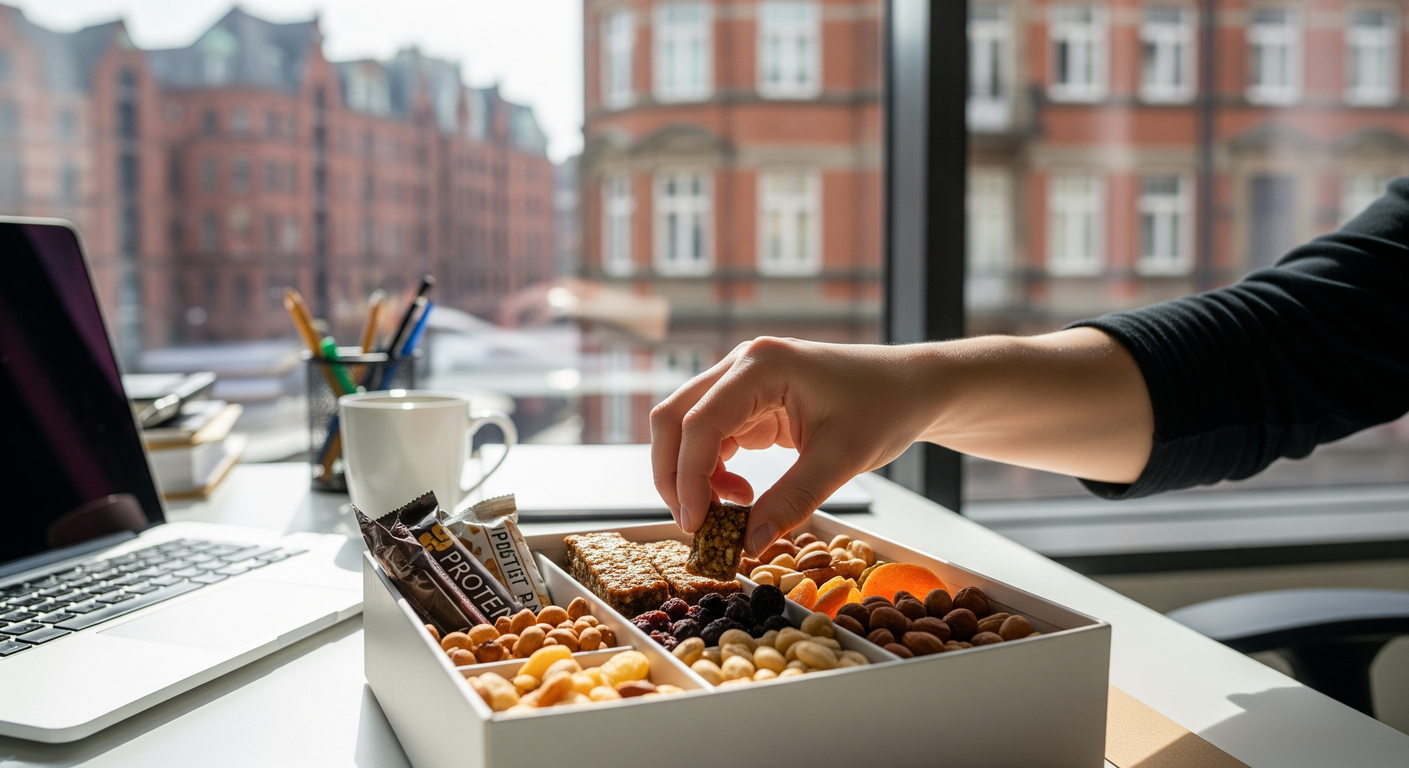 Büromitarbeiter greift in eine Snackbox mit Nüssen, Riegeln und Trockenfrüchten