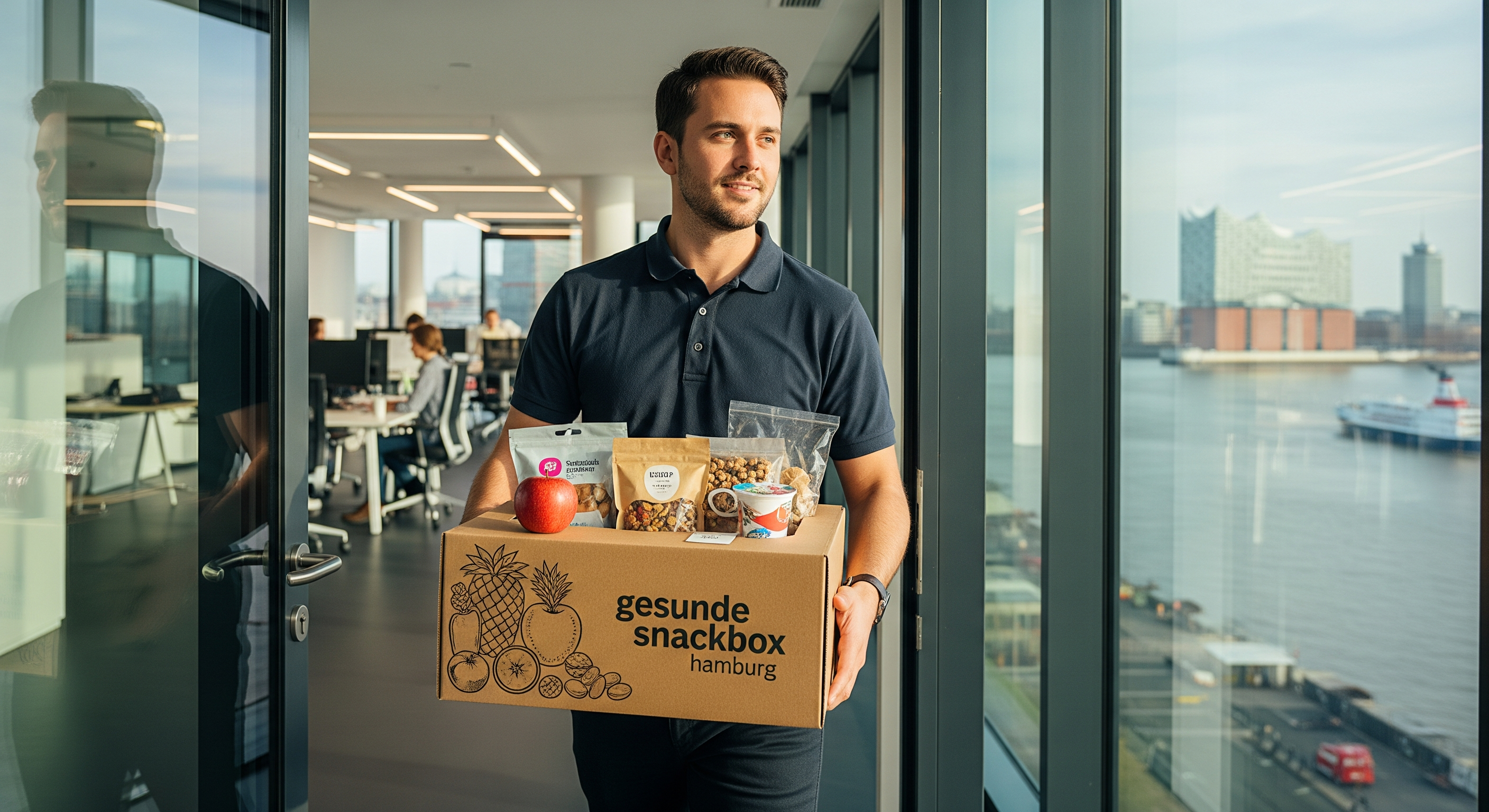 Kurrier liefert Snackbox an modernes Hamburger Büro mit Elbblick