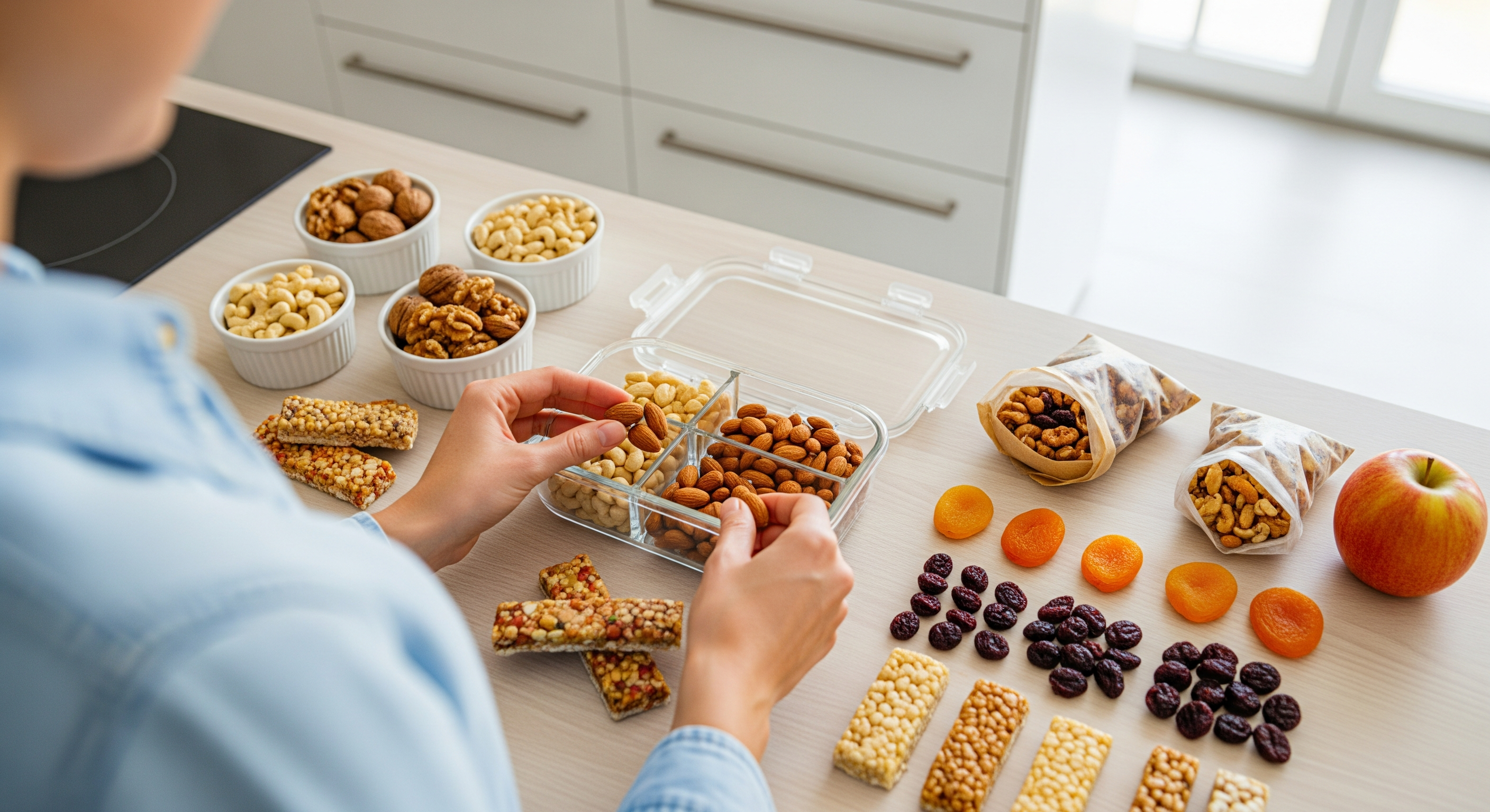 Person packt eine gesunde Snackbox mit Nüssen, Riegeln und Trockenfrüchten in einer modernen Küche