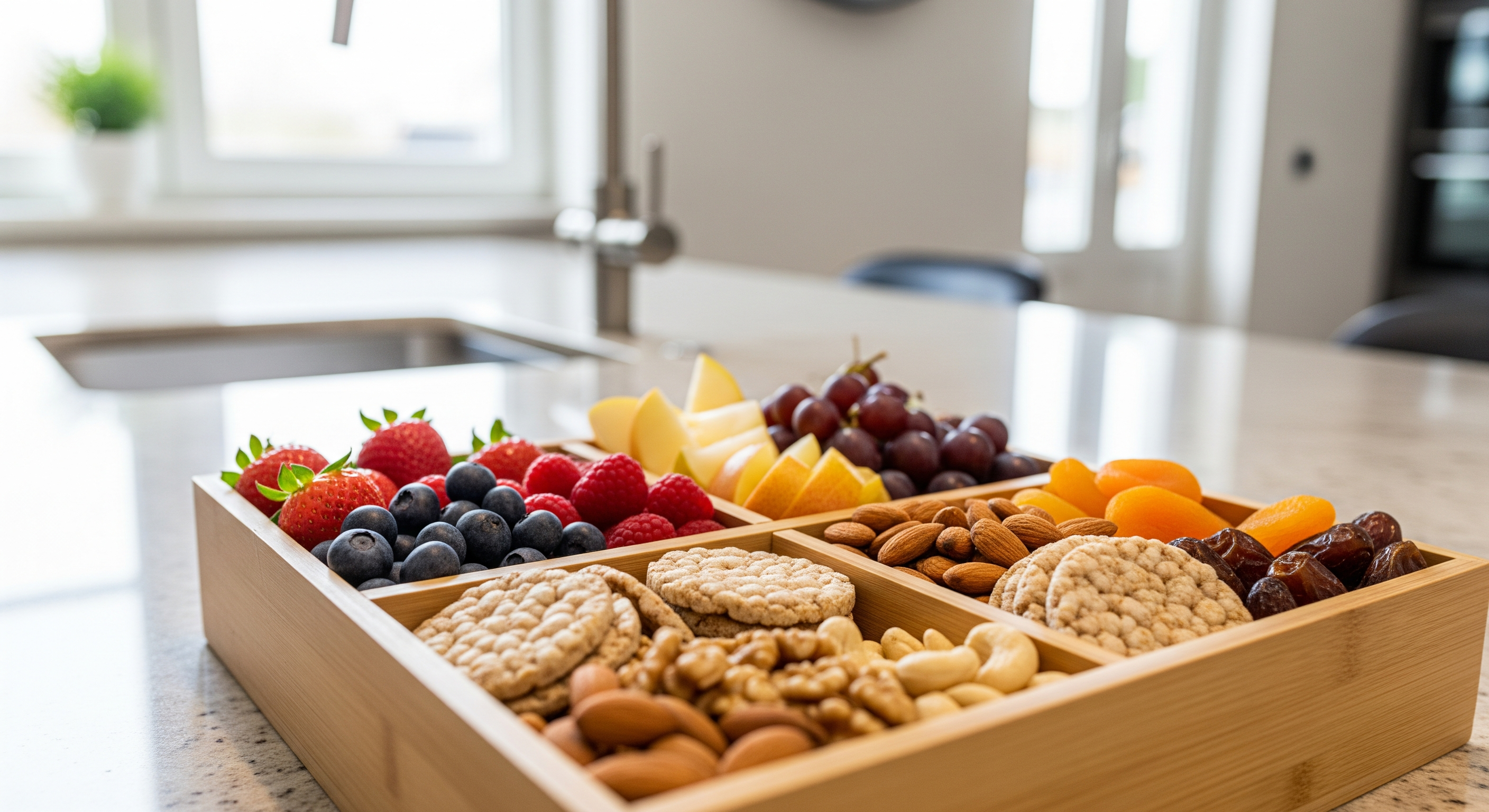 Vorbereitete Snackbox mit Obst, Nüssen und Vollkorncrackern auf einer Küchenarbeitsfläche