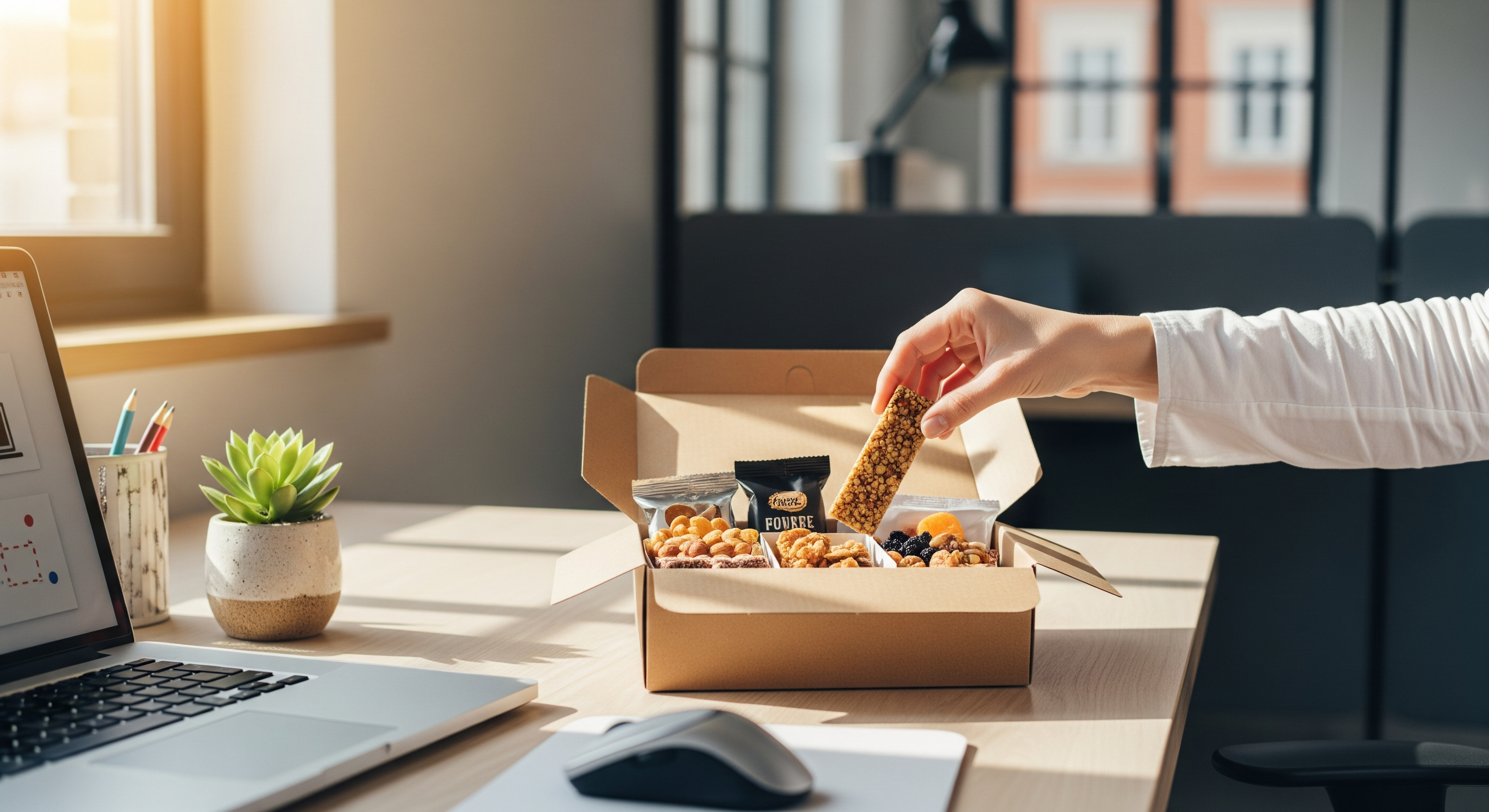 Berufstätige Person greift im Büro in eine Snackbox mit gesunden Riegeln und Nüssen