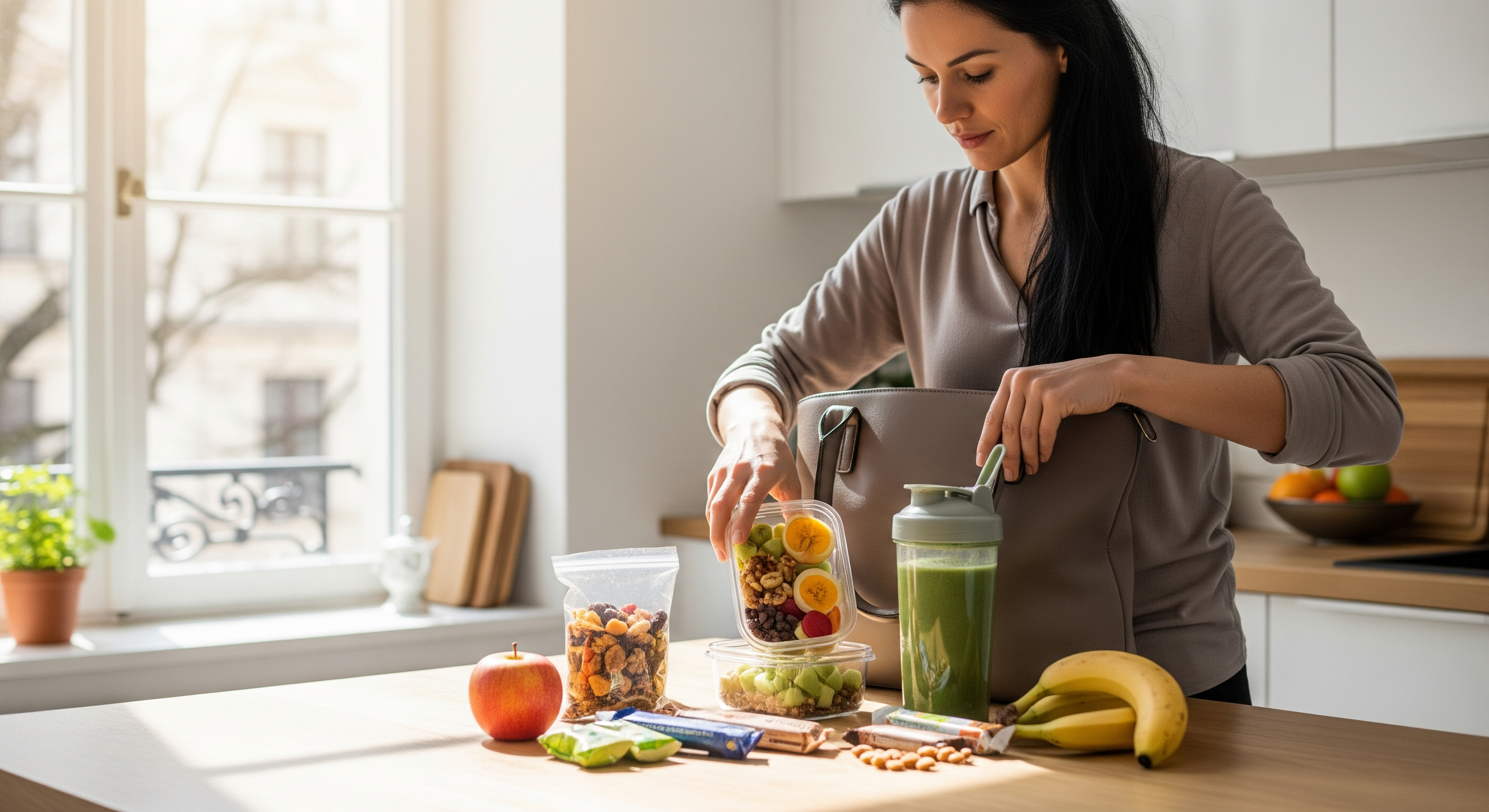Kollegin packt vegane Snacks und Protein-Smoothie in ihre Arbeitstasche am Morgen