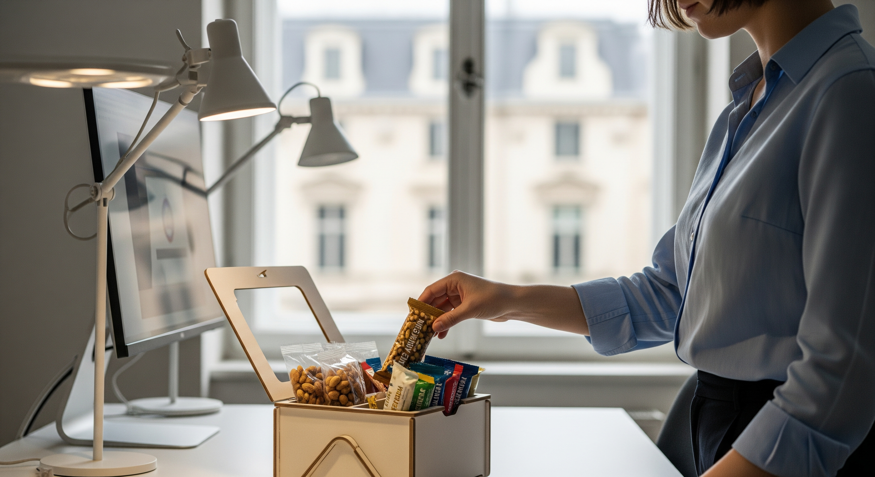 Mitarbeiter greift im Büro in eine Snackbox mit Nüssen und Riegeln