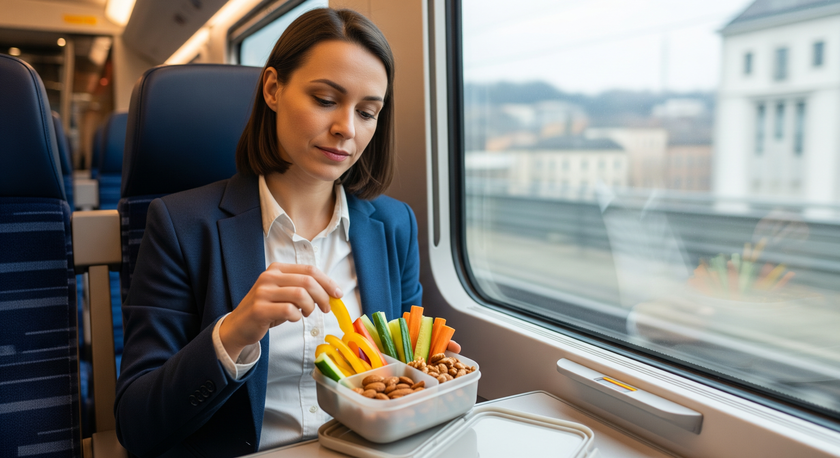 Junge Berufstätige sitzt im Zug und isst einen gesunden Snack aus einer Lunchbox
