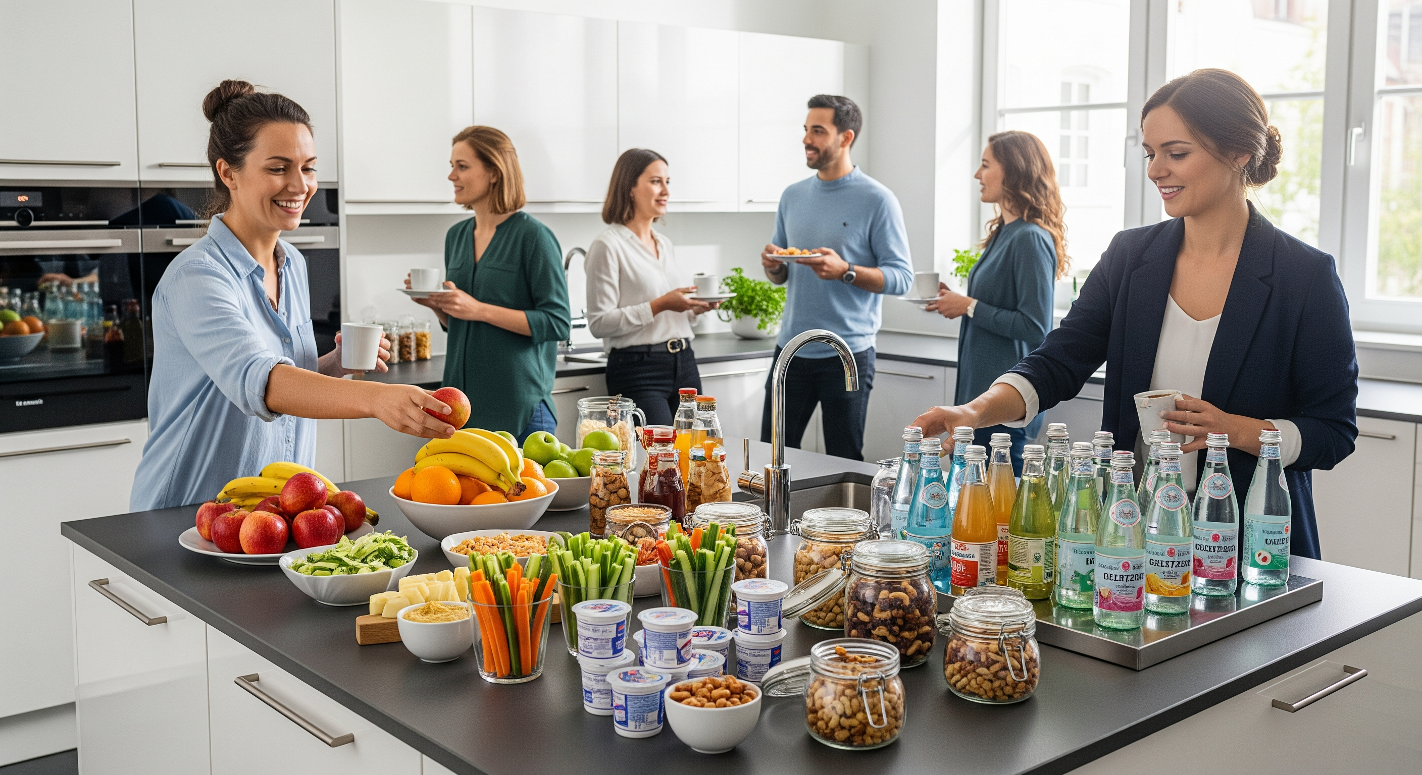 Mitarbeitende greifen in einer modernen Büroküche zu gesunden Snacks und Getränken