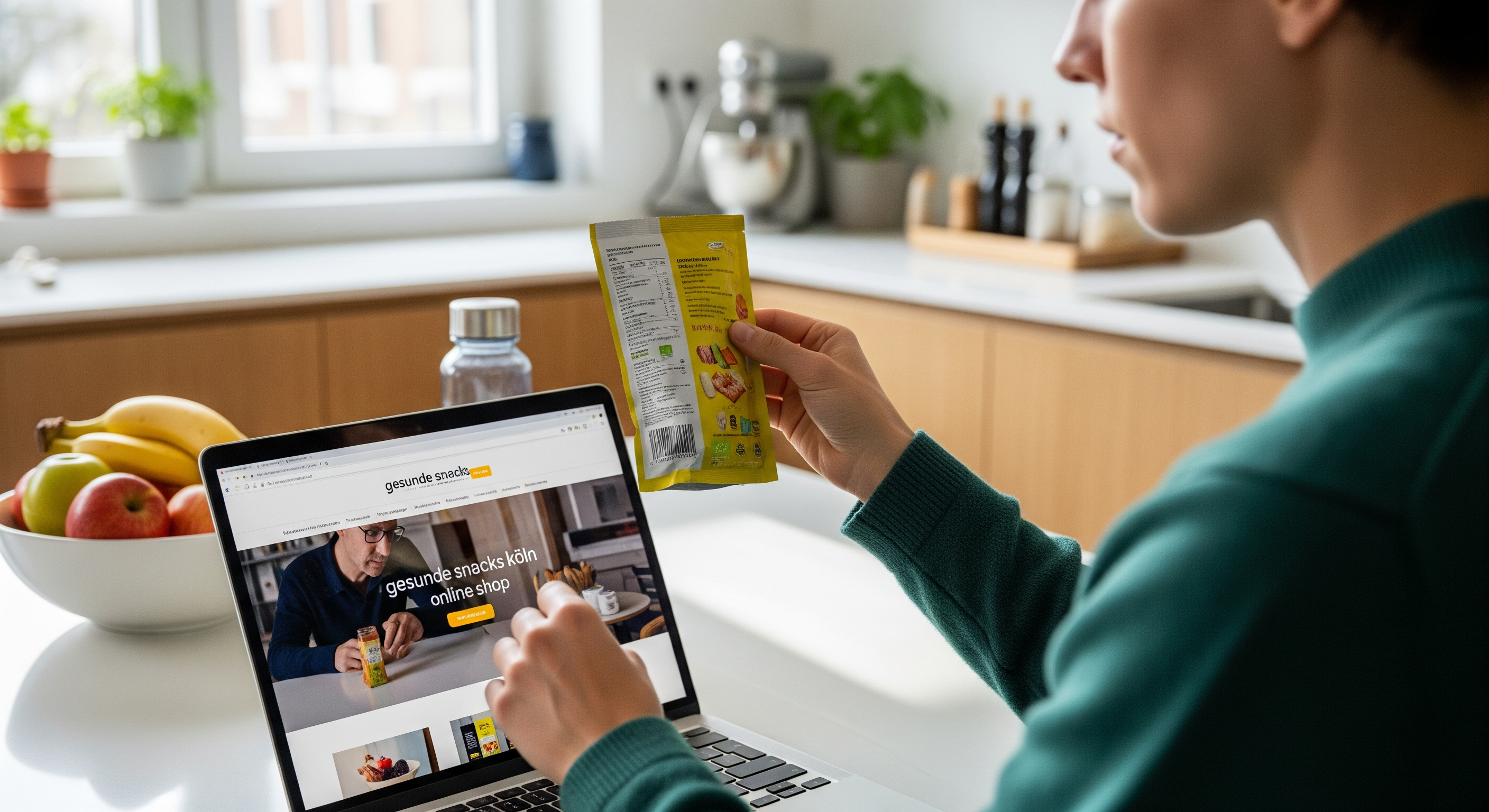 Kundin prüft Zutatenliste eines Bio-Snacks in moderner Küche mit Laptop