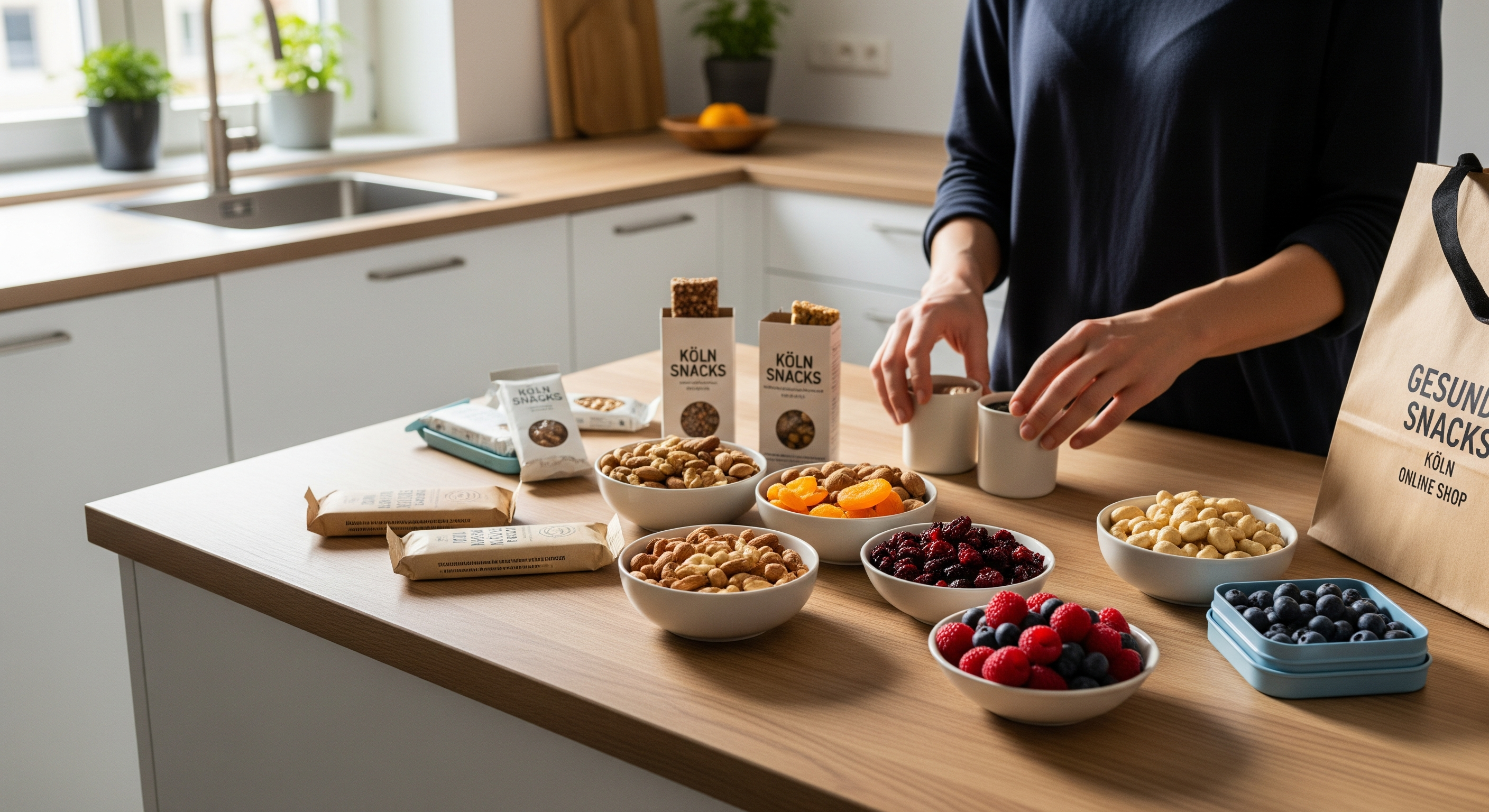 Person bereitet gesunde Snacks in einer modernen Küche mit Riegeln und Nüssen vor