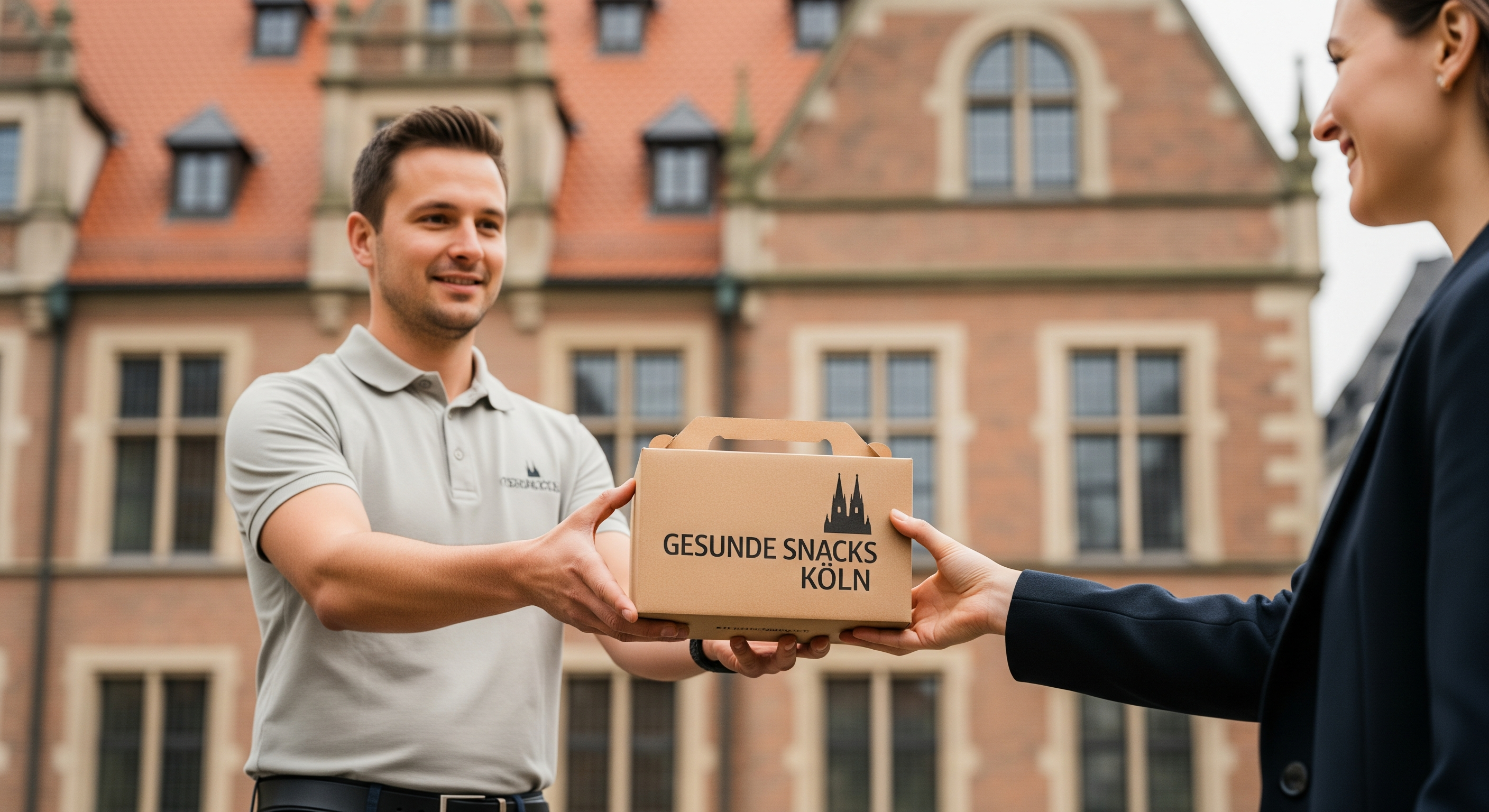 Lieferfahrer übergibt regionale Snackbox an Kundin vor Kölner Altbau