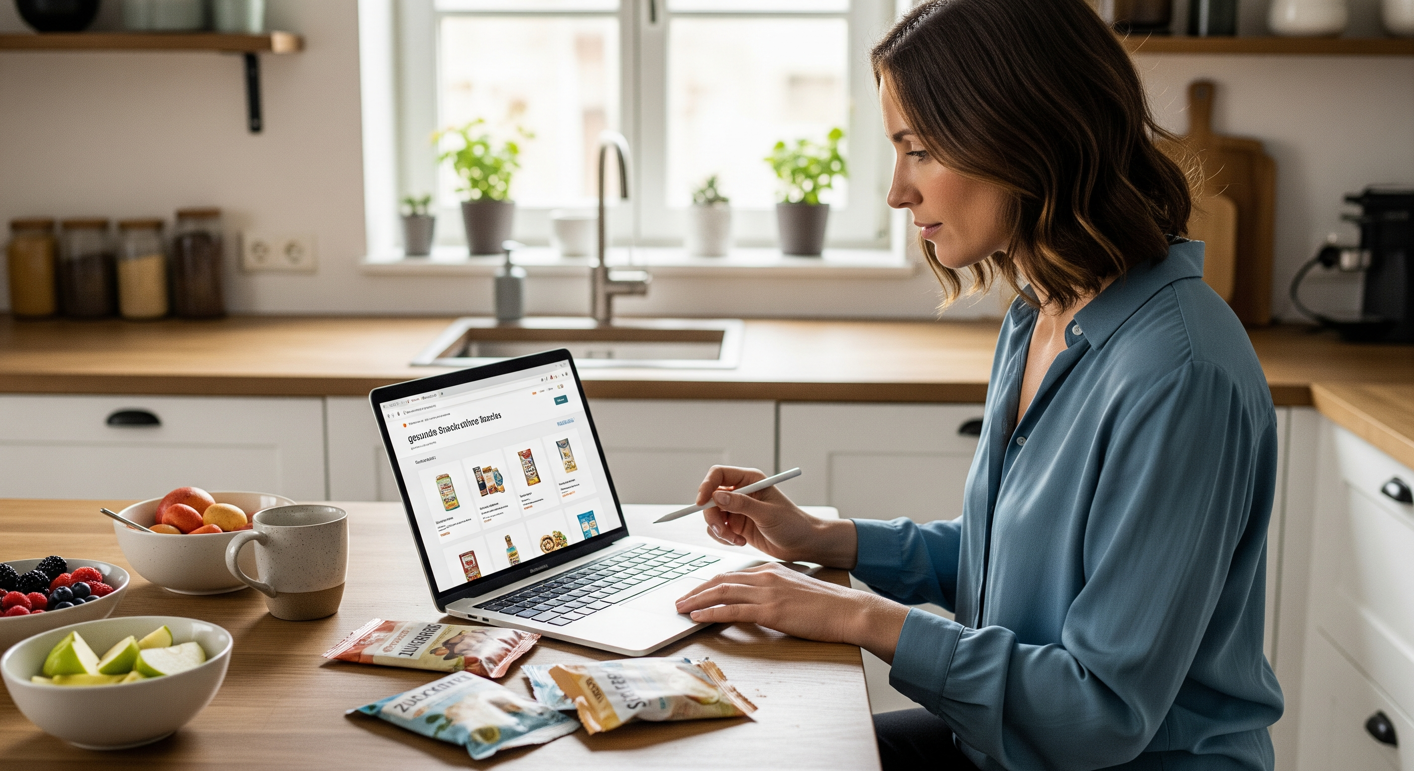 Frau bestellt gesunde Snacks auf dem Laptop in der Küche und vergleicht Produkte