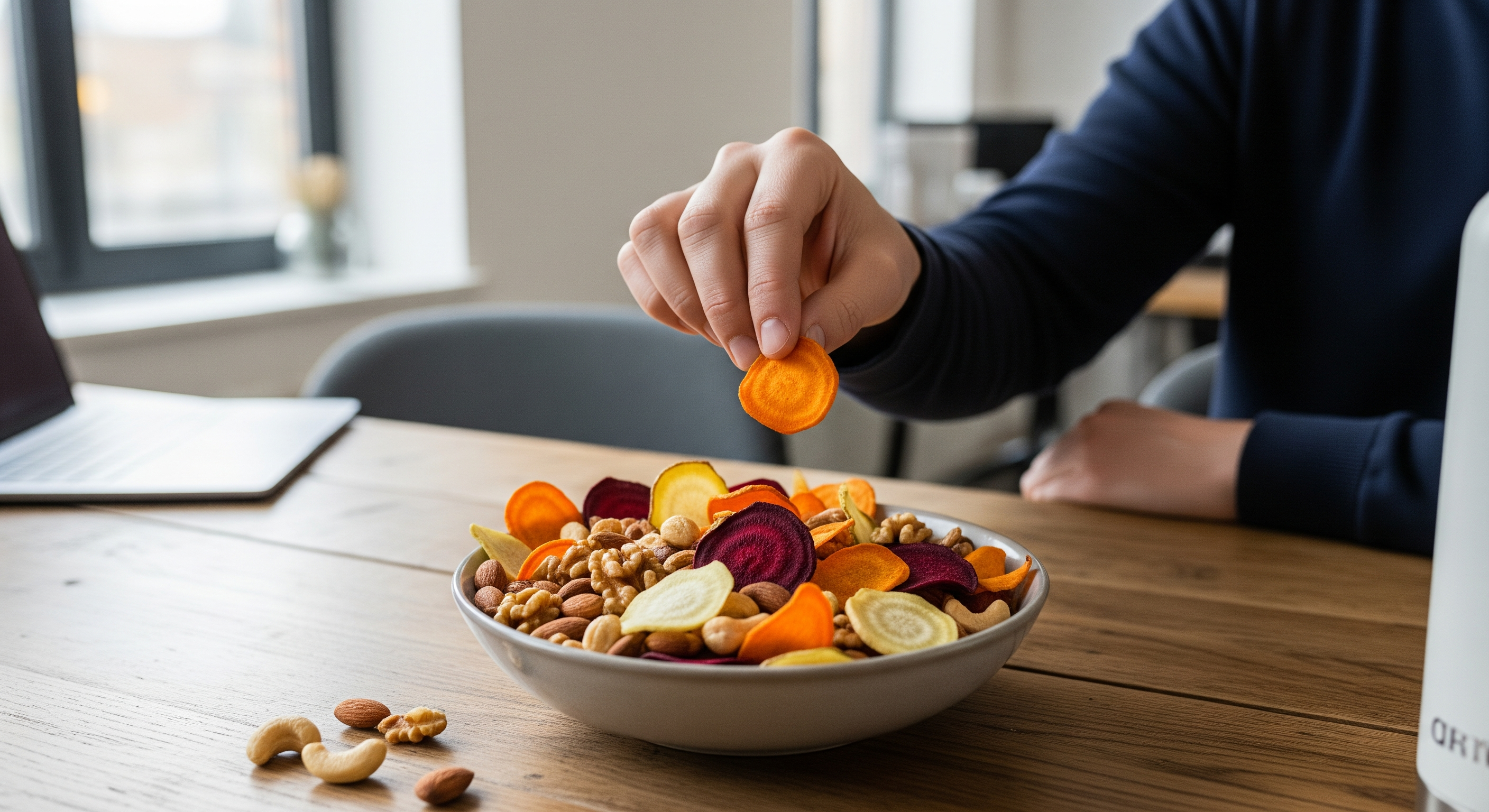 Person snackt Nüsse und Gemüseschips auf einem Holztisch im Büro