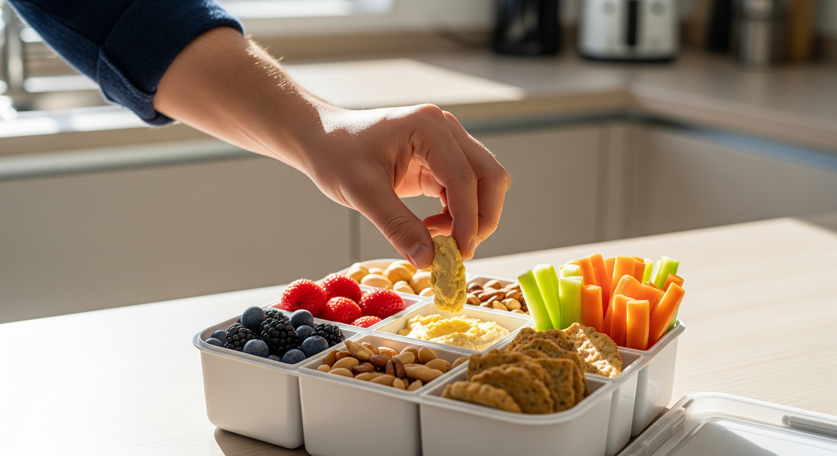 Person greift zu gesunden zuckerfreien Snacks aus einer stilvollen Snackbox in einer modernen Küche