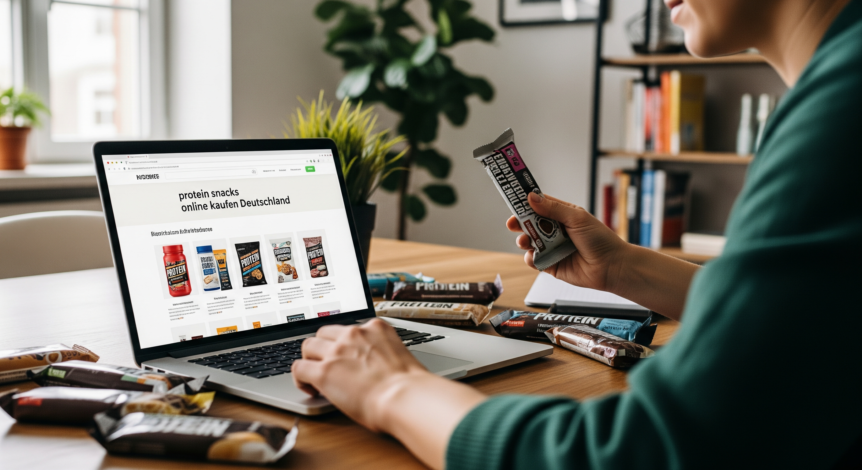 Person vergleicht verschiedene Proteinriegel und Snacks am Laptop beim Onlinekauf