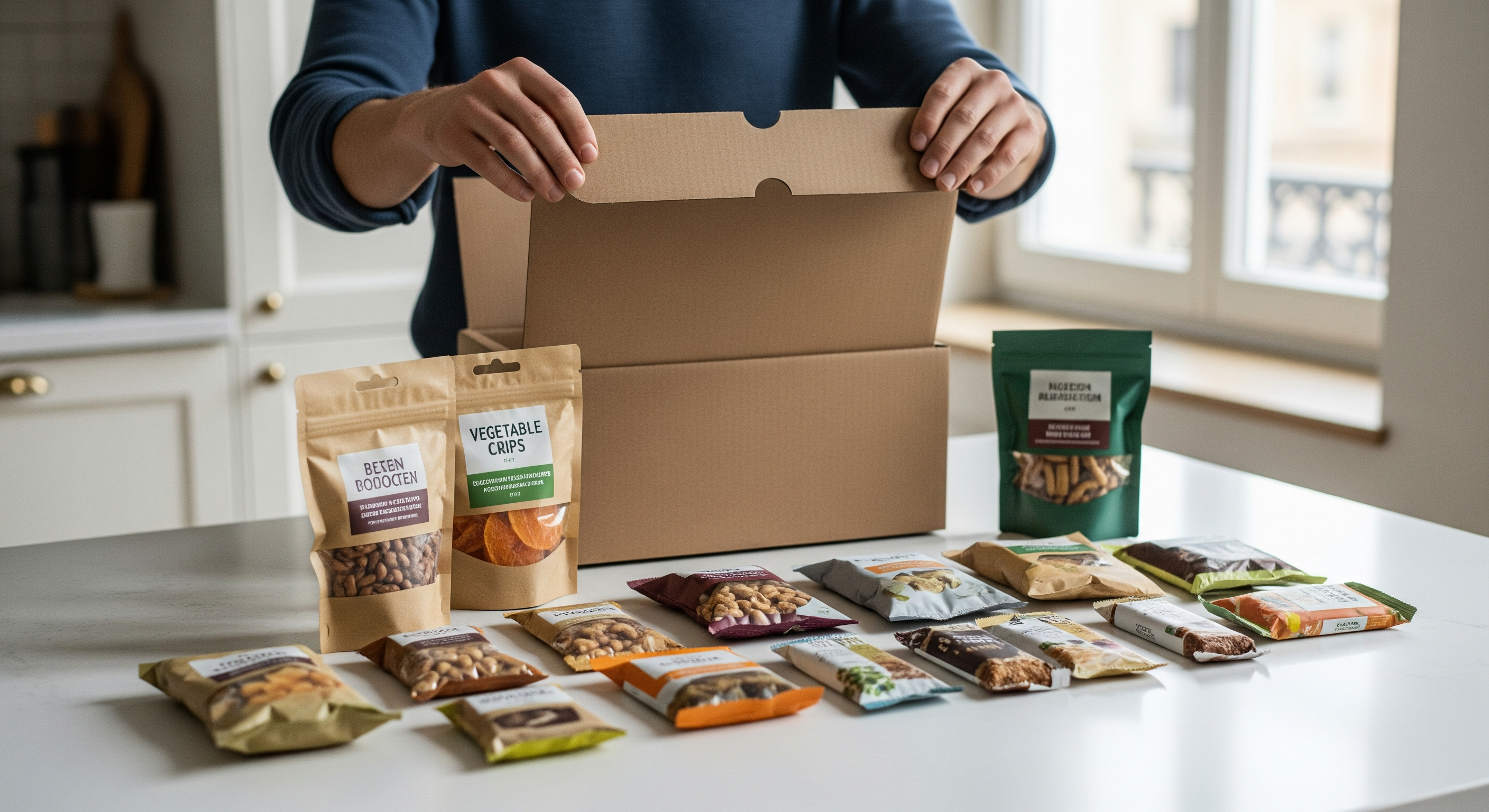 Eine Person öffnet eine Snackbox in der Küche und überprüft verschiedene gesunde Snacks auf dem Tisch