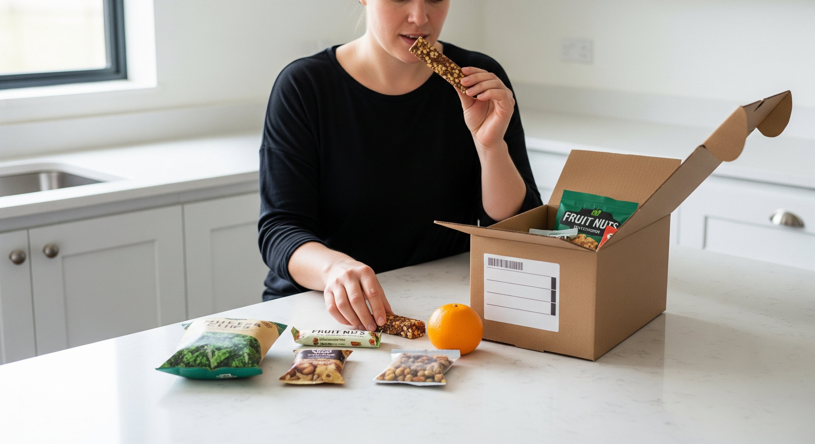 Person öffnet Snackbox in moderner Küche und probiert verschiedene gesunde Snacks