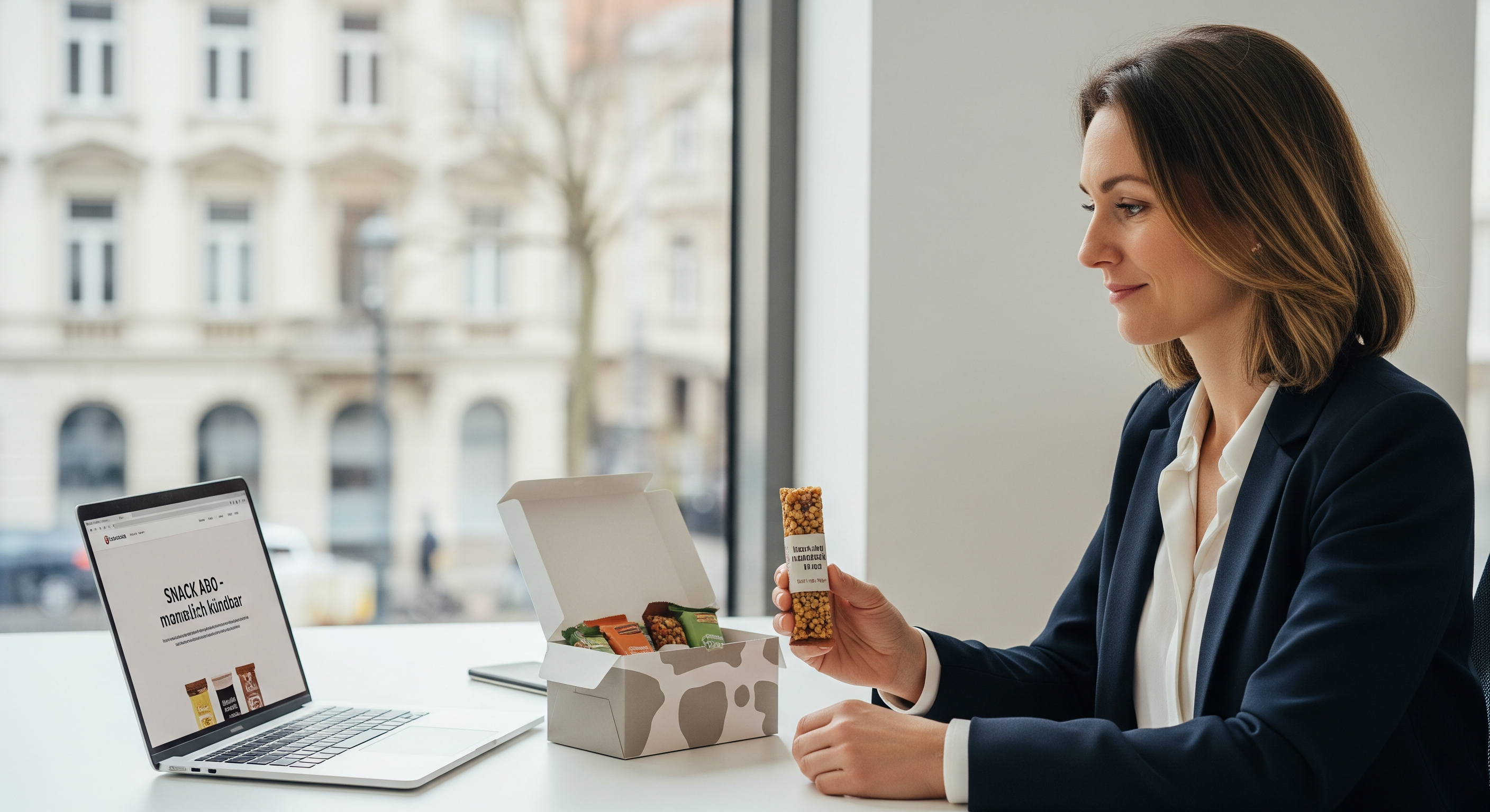 Frau sitzt im Büro und snackt gesunde Riegel aus einer geöffneten Snackbox