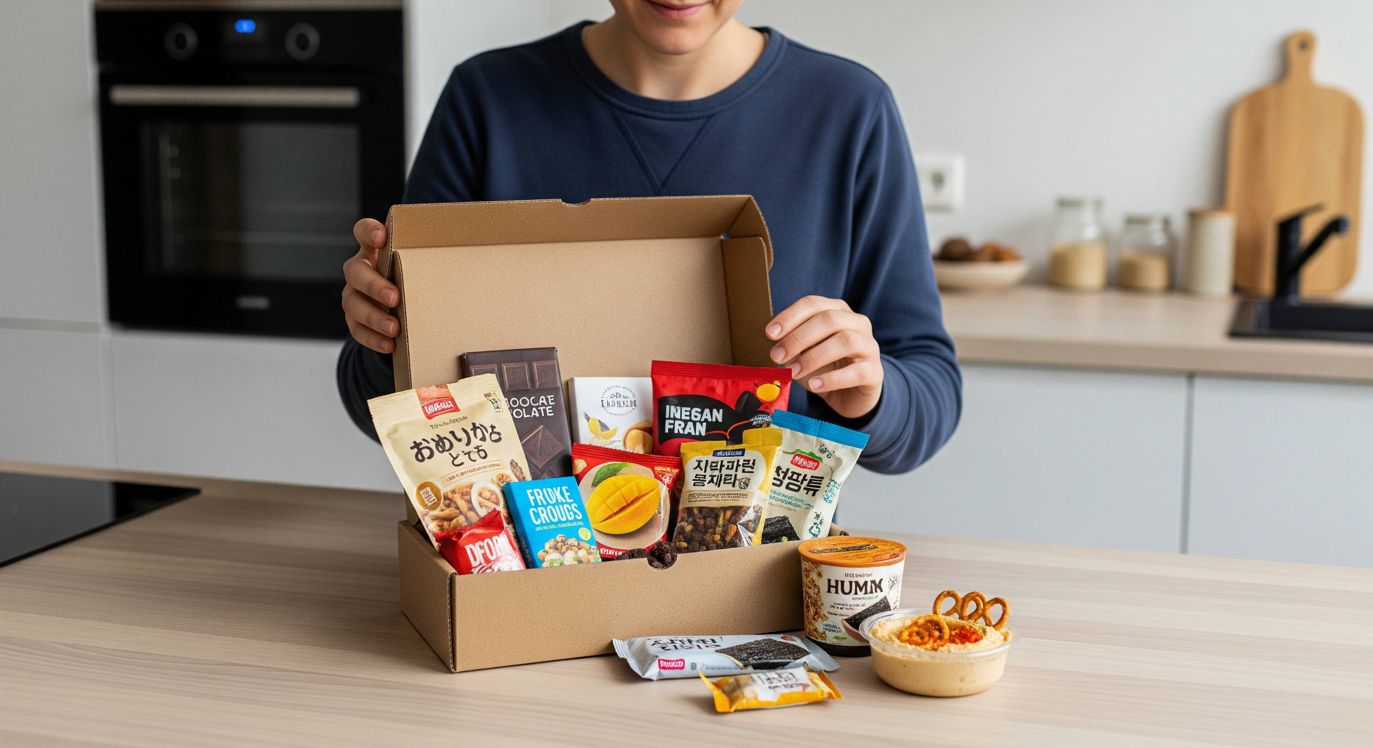 Person öffnet eine Snackbox in einer Berliner Küche mit verschiedenen gesunden und internationalen Snacks