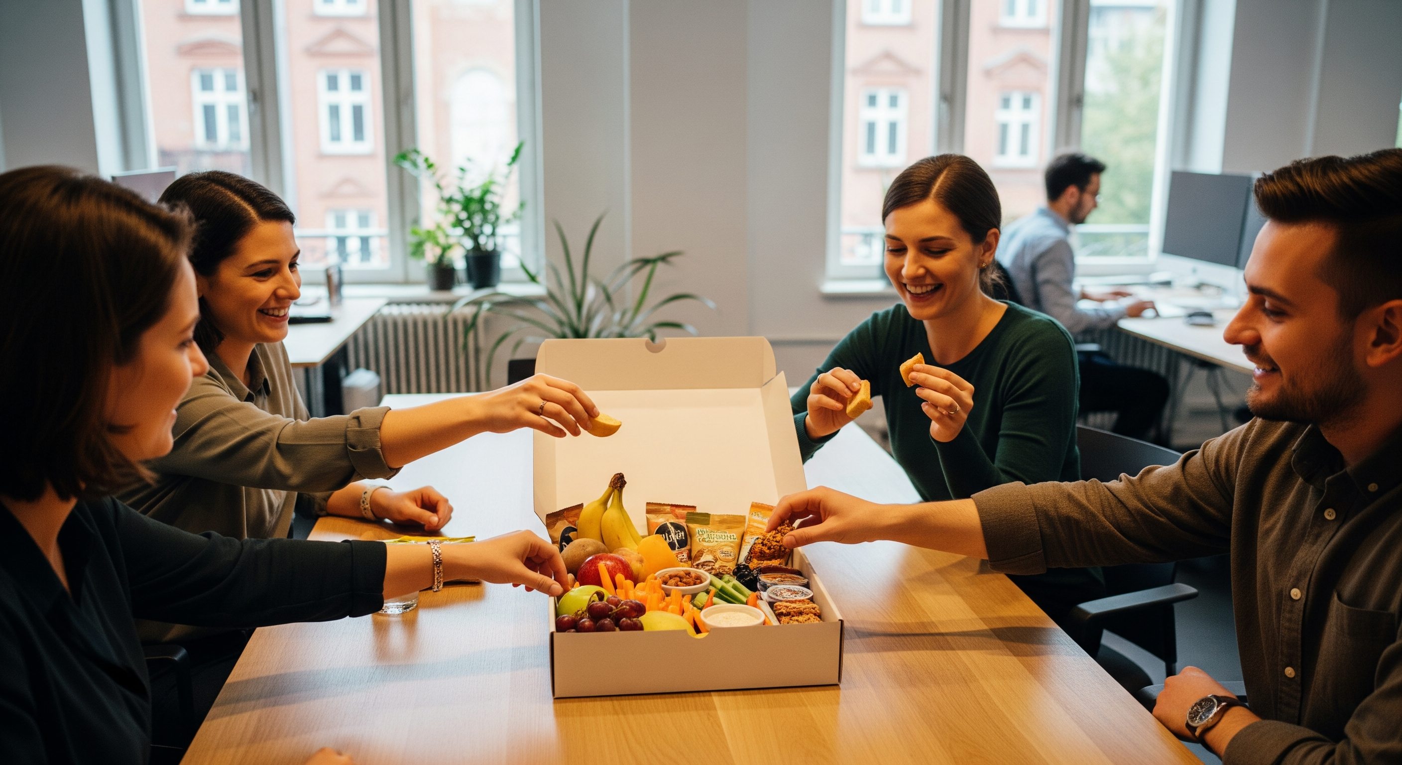 Berliner Büro mit Mitarbeitenden, die gemeinsam eine Snackbox öffnen und gesunde Snacks probieren