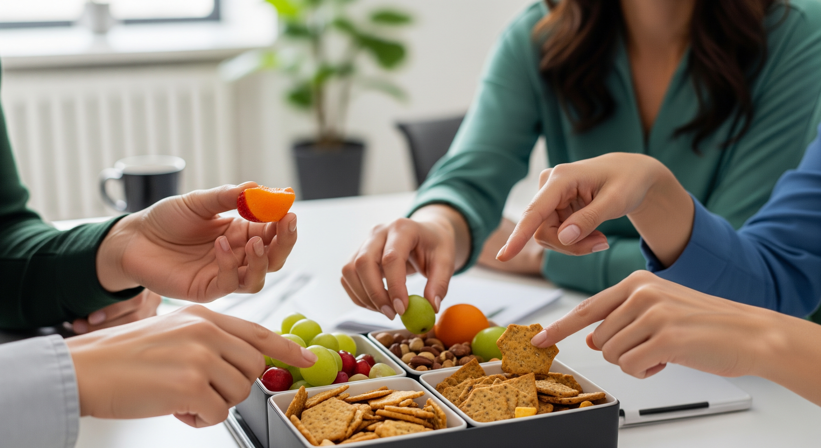 Mitarbeitende greifen gemeinsam zu gesunden Snacks aus einer modernen Büro-Snackbox