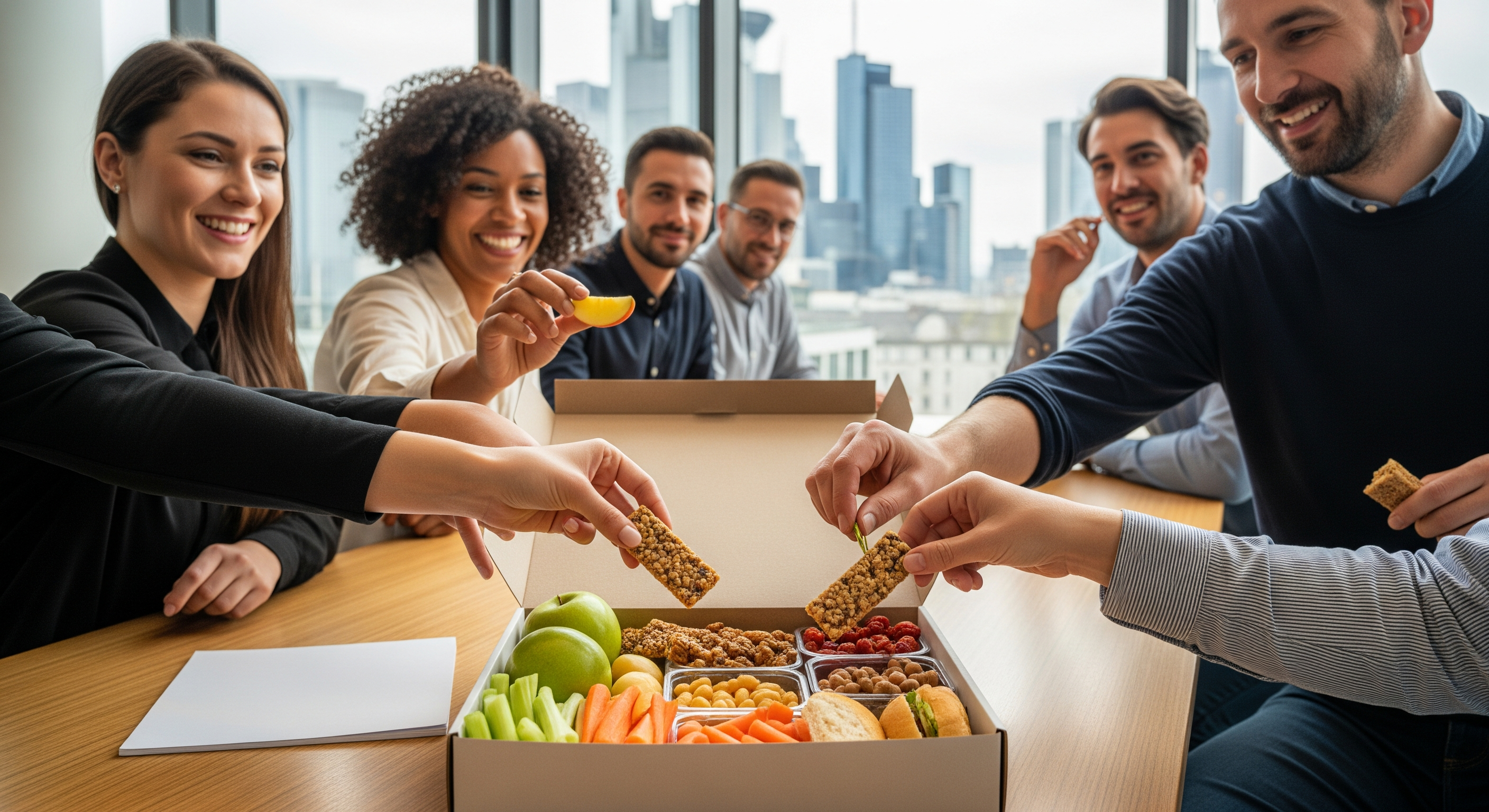 Mitarbeiter greifen im modernen Frankfurter Büro gemeinsam in eine offene Snackbox mit gesunden Snacks
