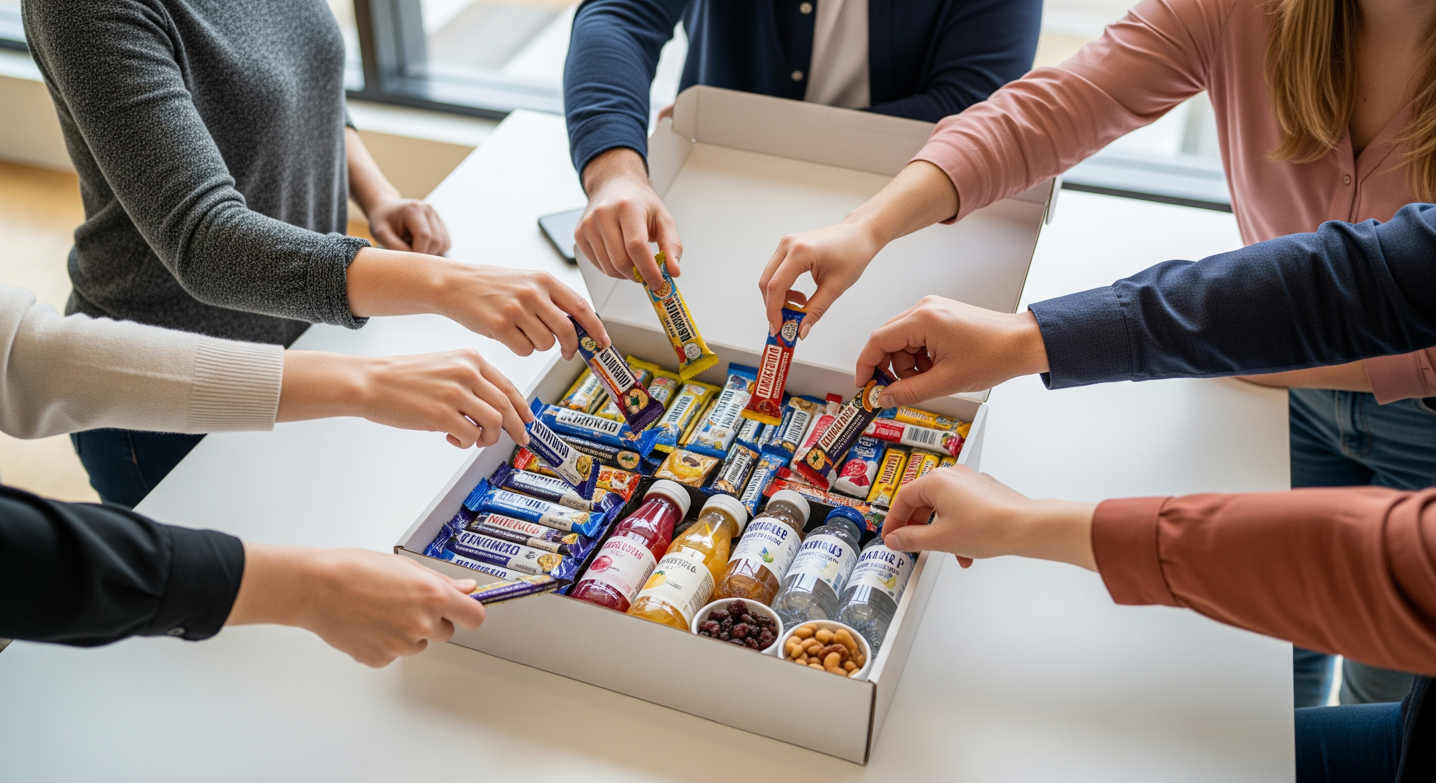 Mitarbeiter greifen gemeinsam in eine Snackbox im modernen Büro mit gesunden Riegeln und Getränken