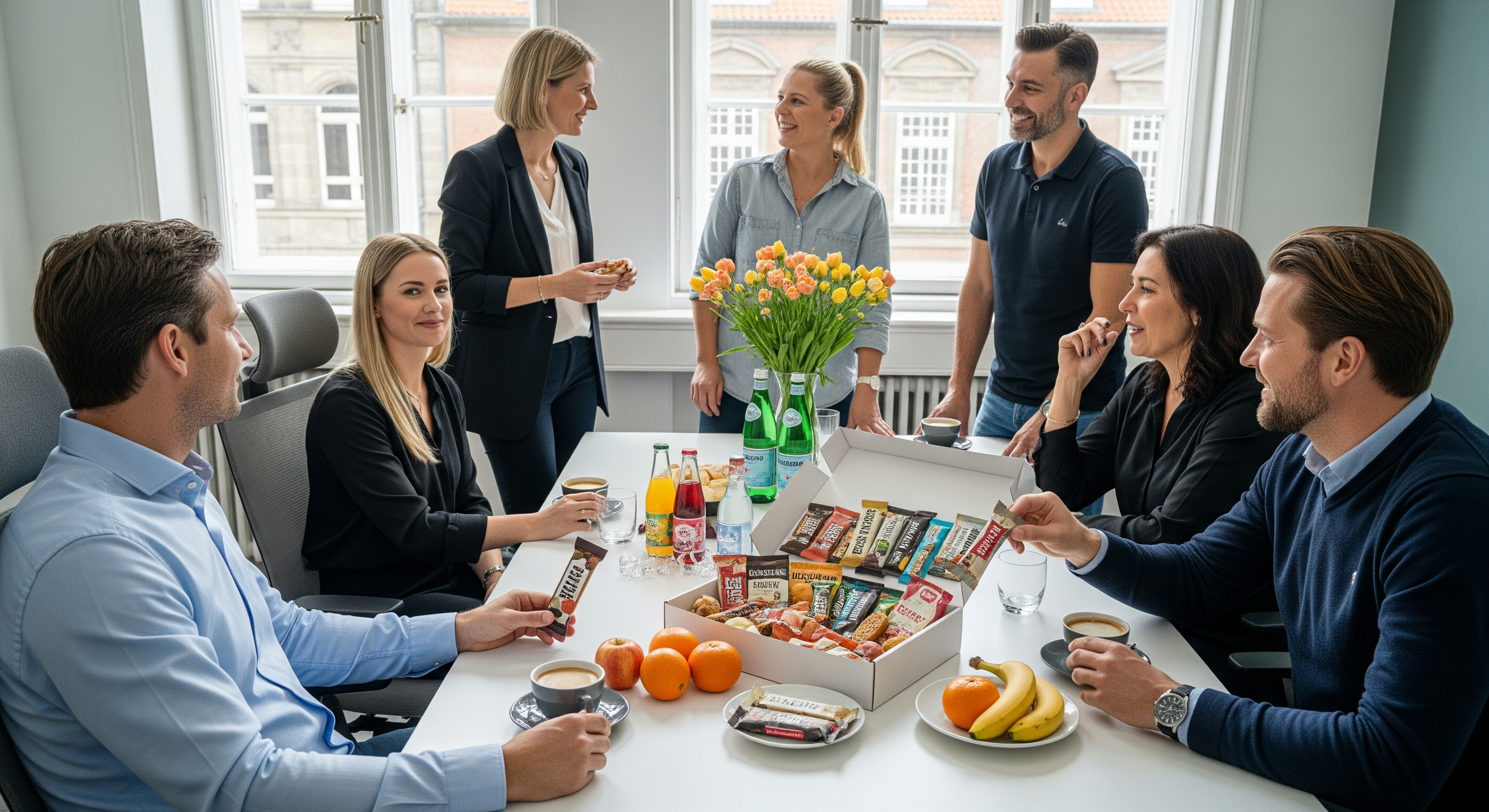 Team im Pausenraum mit moderner Snackbox, frischen Riegeln und Getränken während einer kurzen Arbeitsunterbrechung