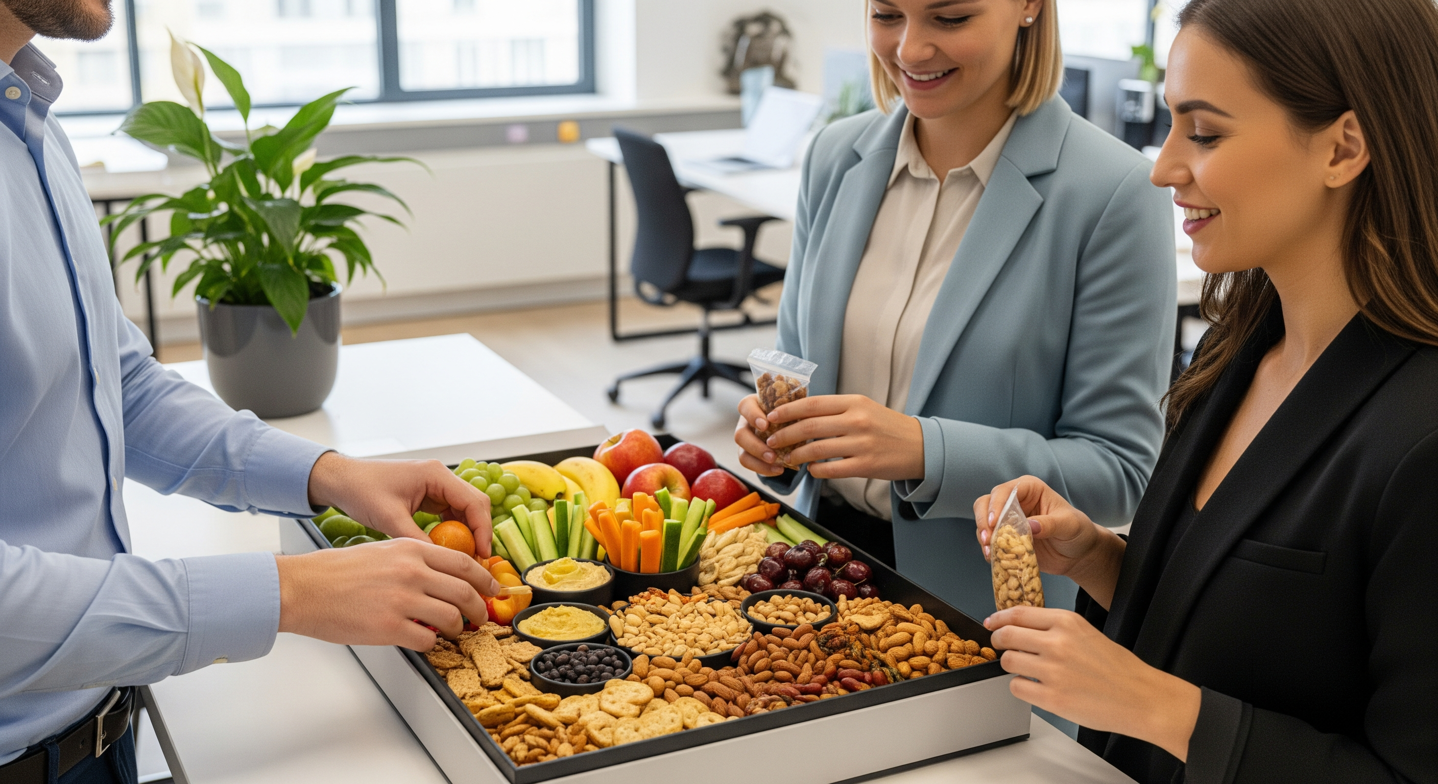 Mitarbeiter greifen gemeinsam zu gesunden Snacks aus einer modernen Snackbox im Büro