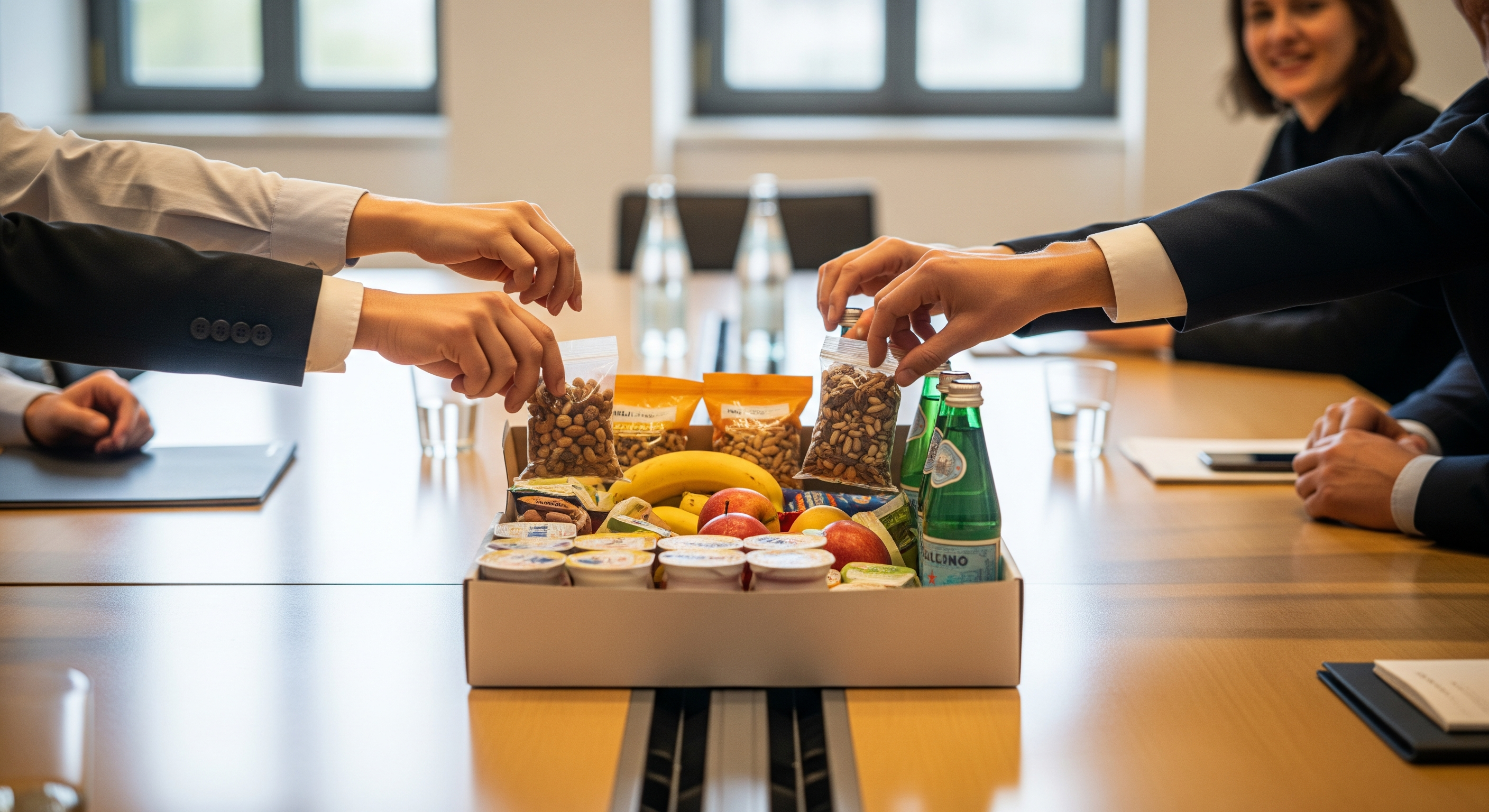 Teilnehmer greifen während eines Business-Meetings zu gesunden Snacks und Getränken aus einer Snackbox
