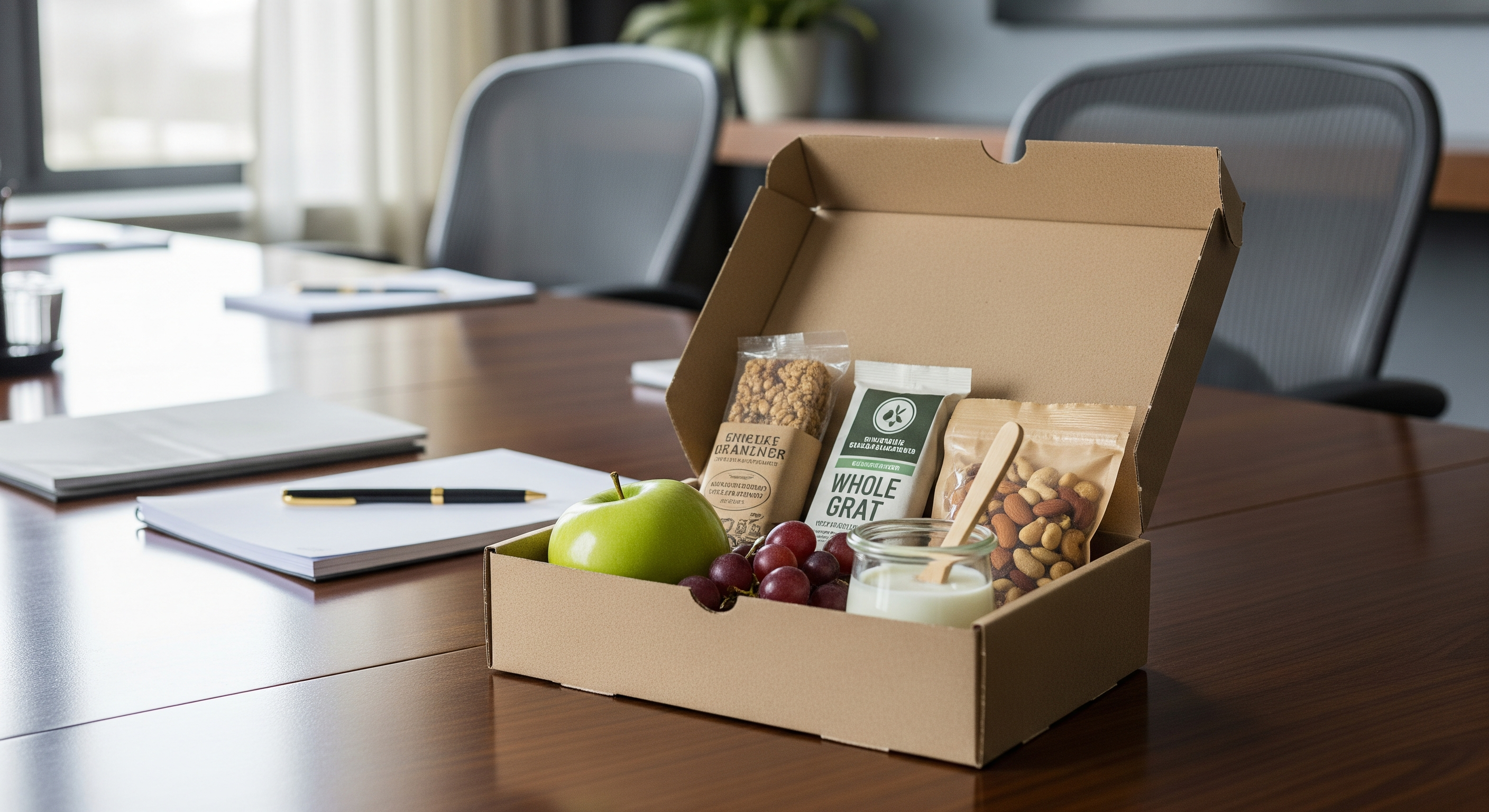 Nachhaltig verpackte Snackbox mit biologischen Produkten auf einem Konferenztisch