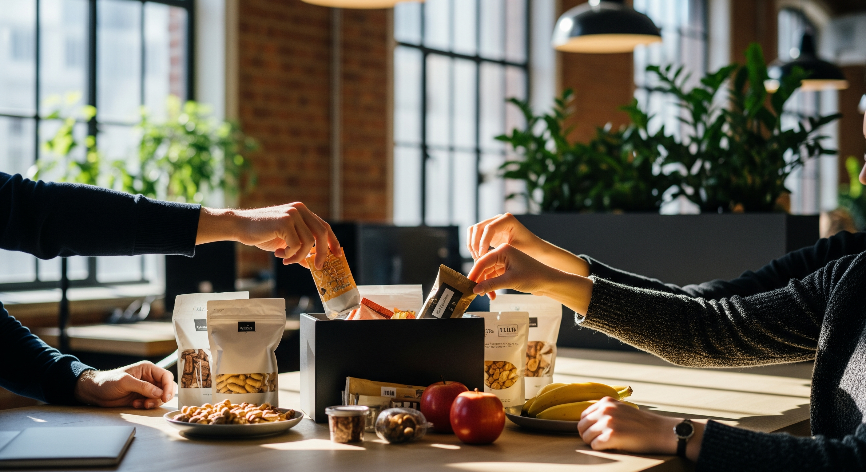 Mitarbeiter greifen gemeinsam in eine moderne Snackbox im offenen Startup-Büro