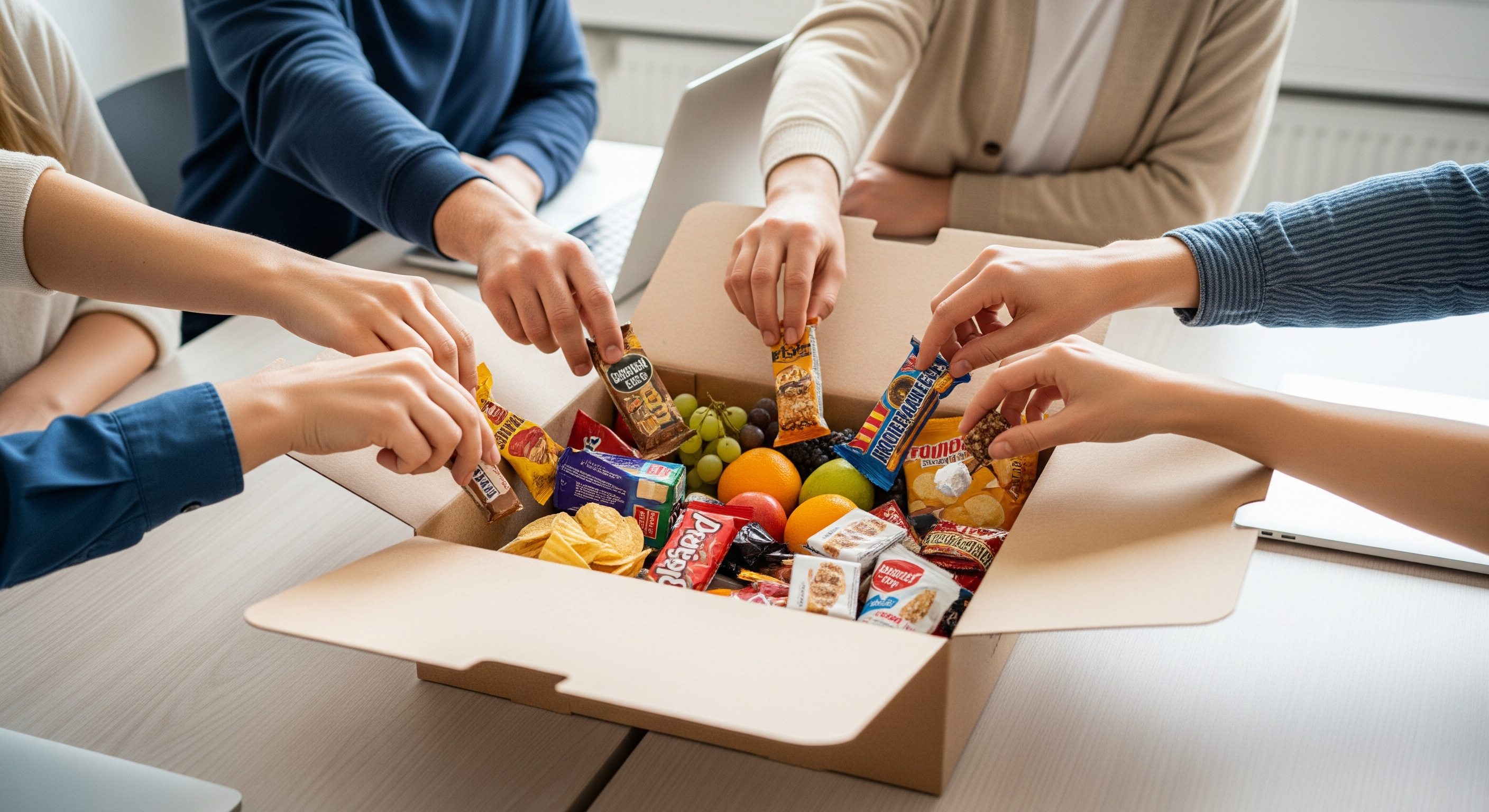 Mitarbeiter greifen gemeinsam in eine offene Snackbox auf einem Bürotisch