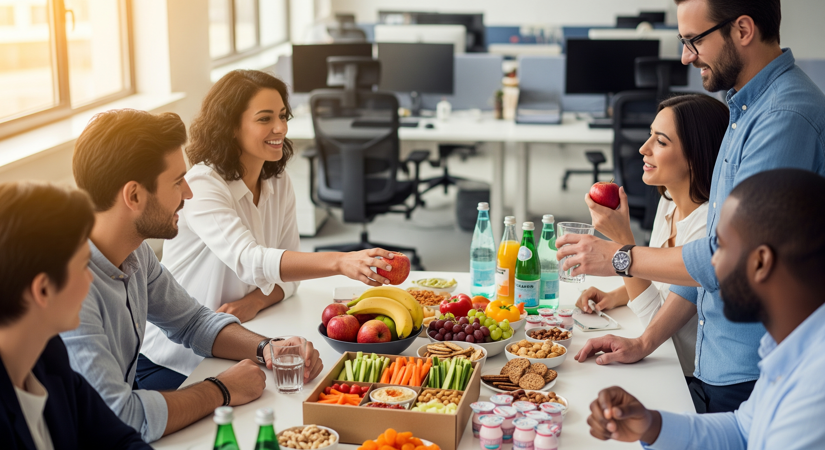 Start-up Team sitzt im Büro und teilt gesunde Snacks und Getränke während einer Pause