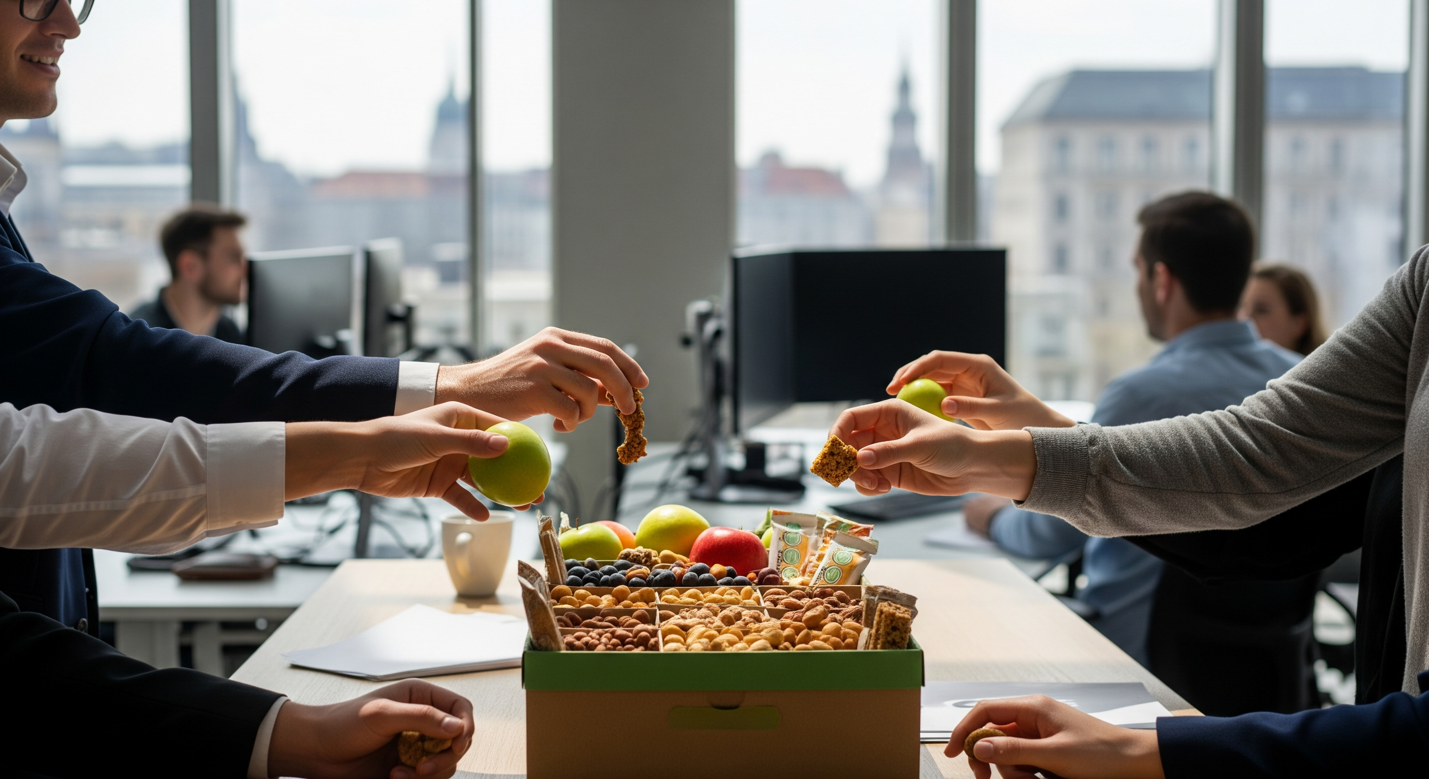 Mitarbeiter greifen im modernen Berliner Büro zu gesunden Snacks aus einer nachhaltigen Box