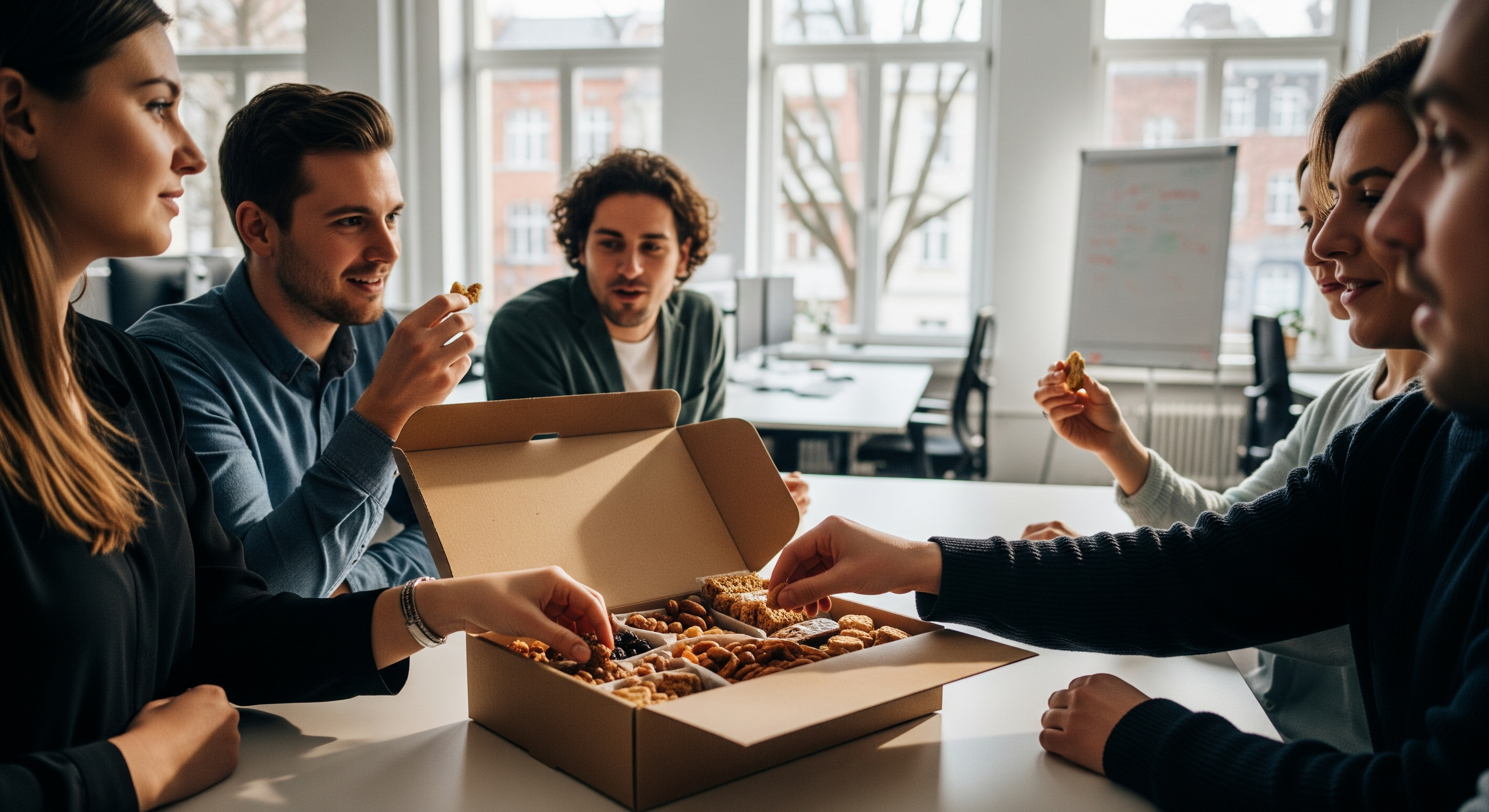 Mitarbeiter greifen gemeinsam zu Snacks aus einer Box im Berliner Büro während einer Pause