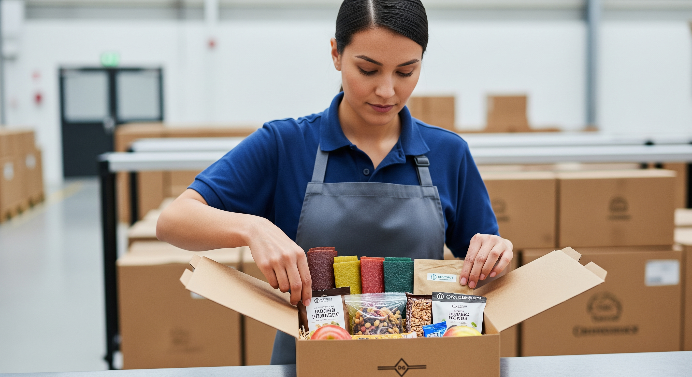 Mitarbeiter packt eine Snackbox mit verschiedenen Bio-Snacks in einem modernen Lager