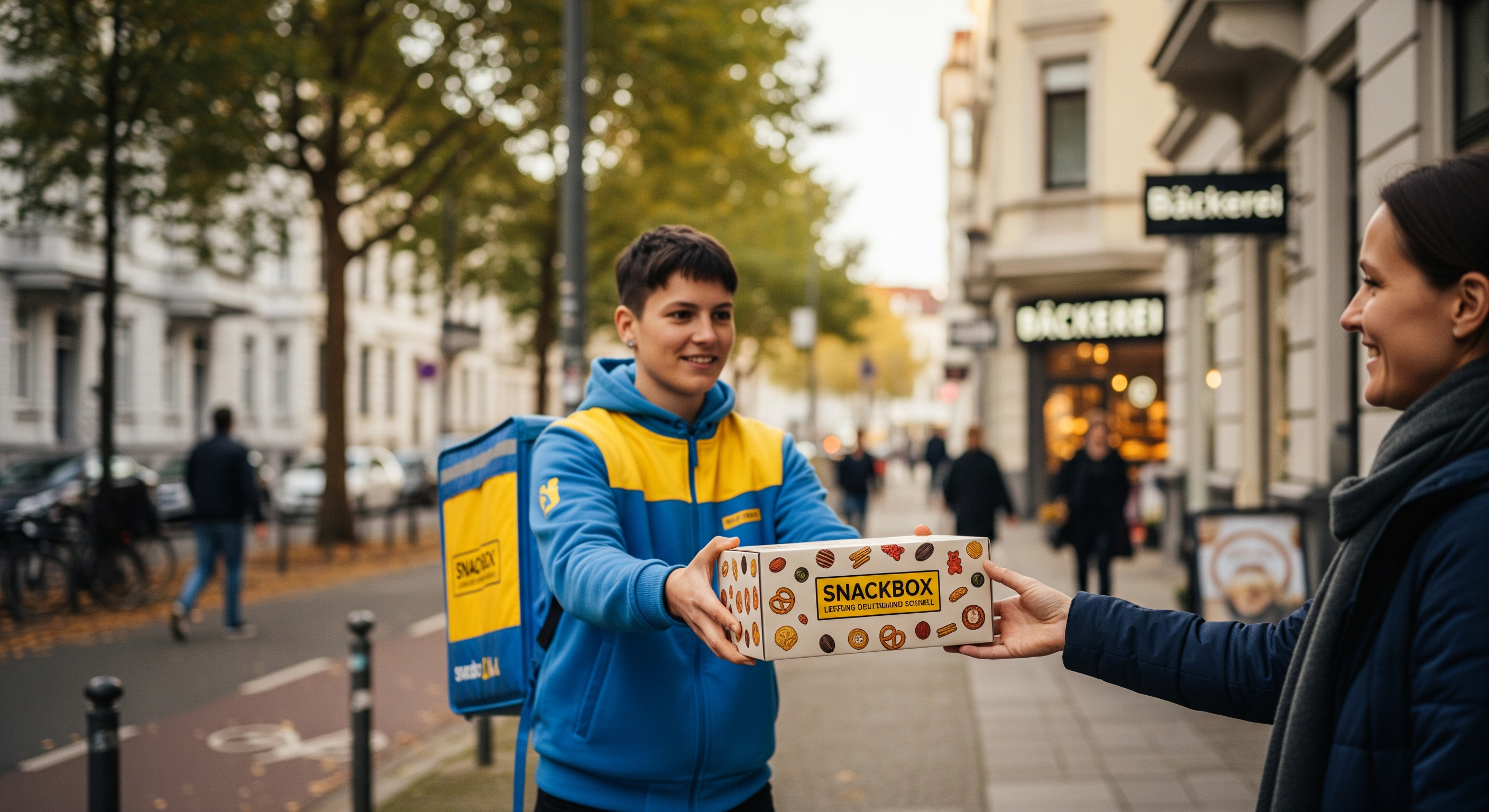 Zusteller übergibt eine Snackbox an eine Kundin vor einem Wohnhaus in einer deutschen Stadt