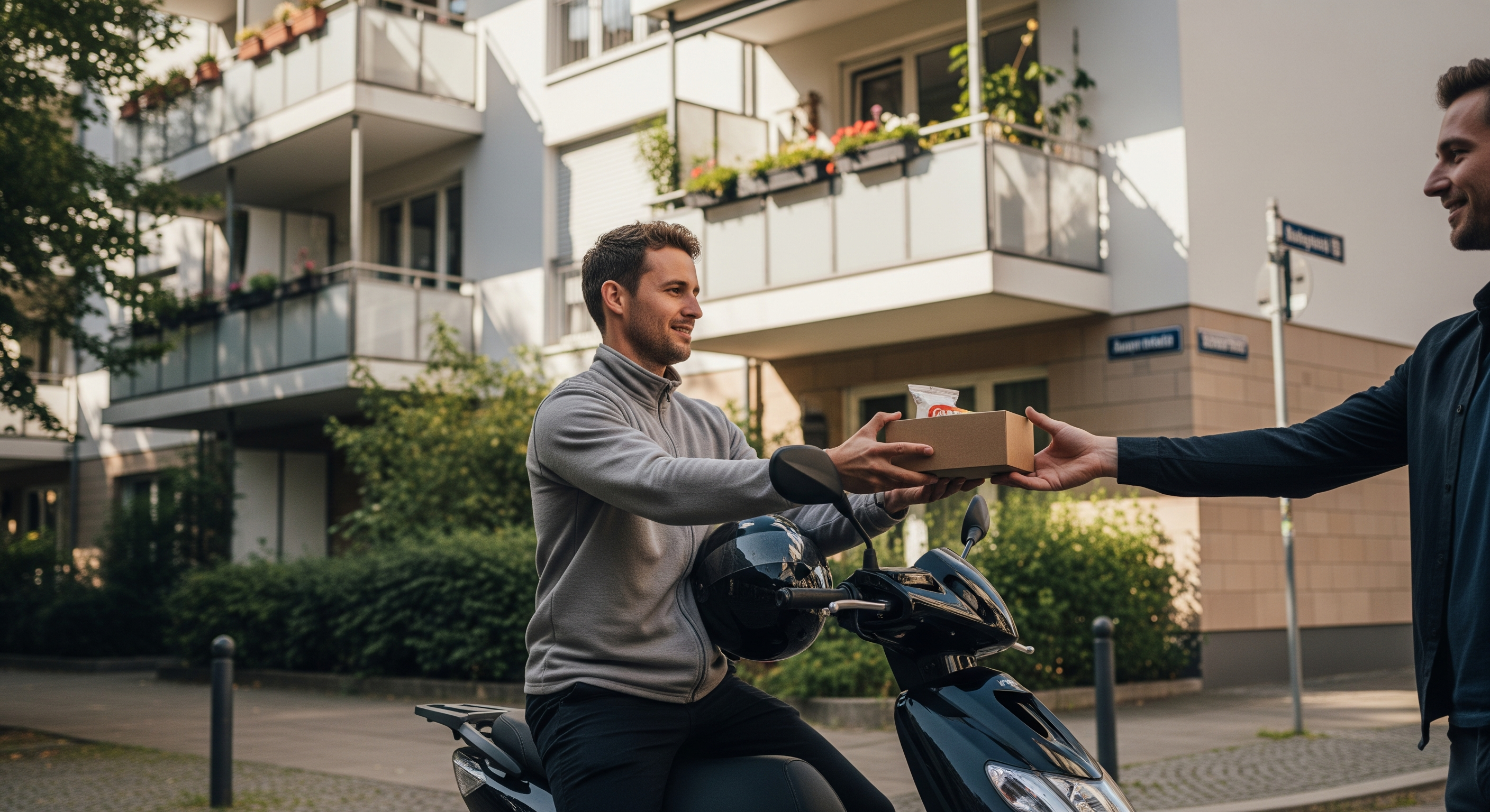Zusteller übergibt Snackbox an Kundin vor einem Mehrfamilienhaus in Deutschland