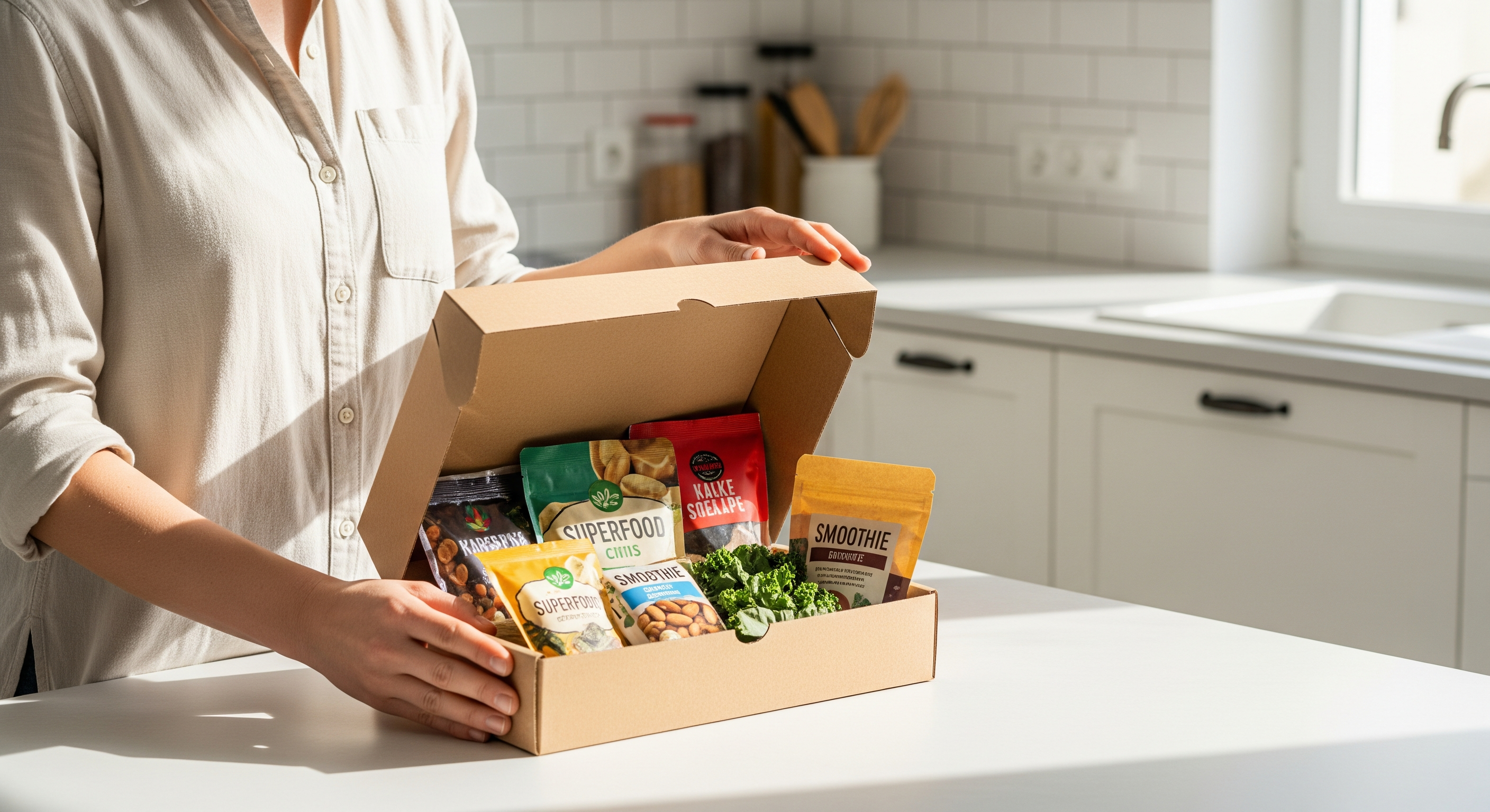 Person öffnet eine Snackbox mit Superfoods in einer modernen Küche