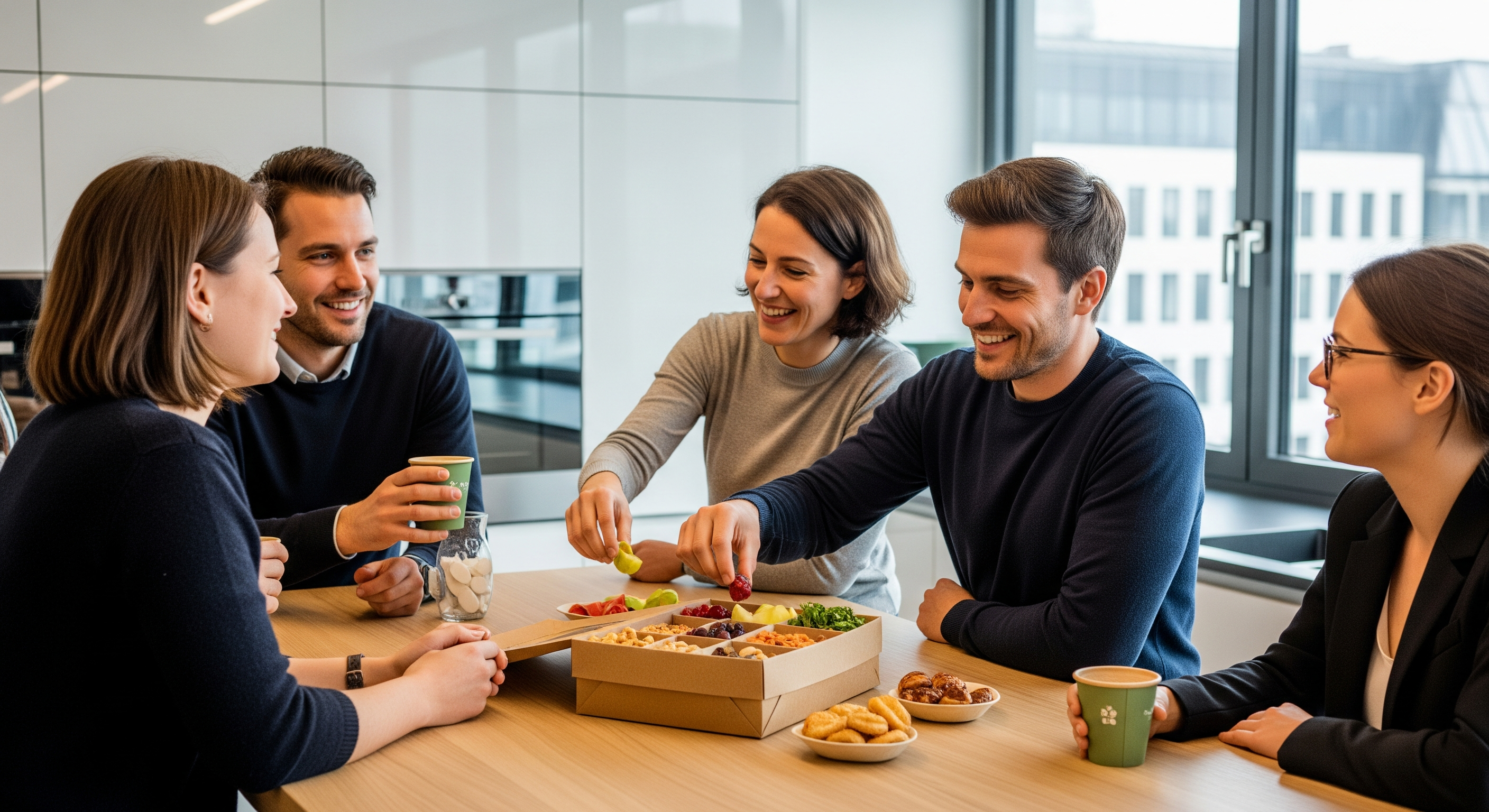 Mitarbeiter greifen in einer modernen Münchner Büroküche gemeinsam zu nachhaltigen Snackbox-Produkten