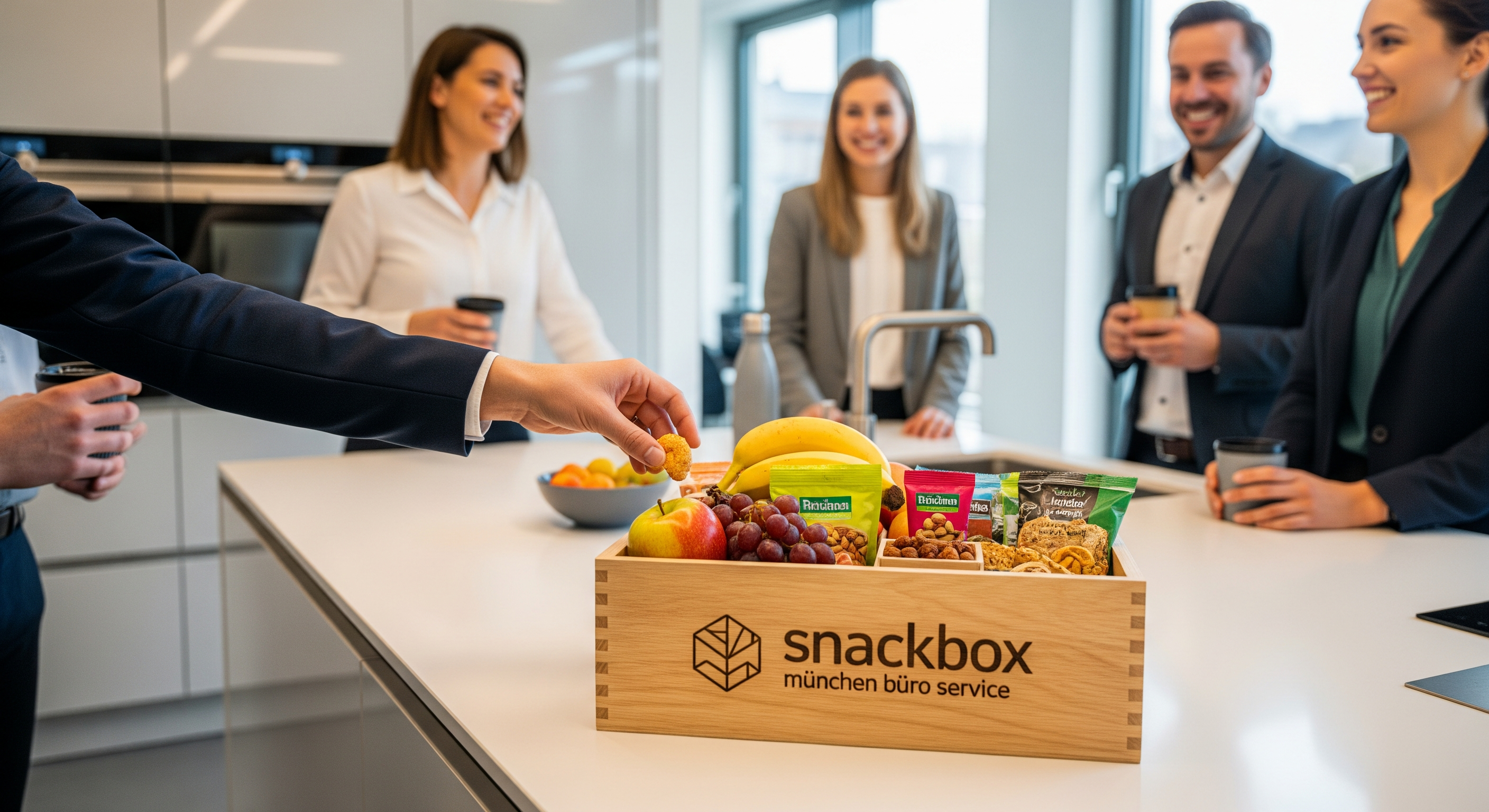 Mitarbeiter greifen in einer modernen Büroküche zu gesunden Snacks aus einer Box