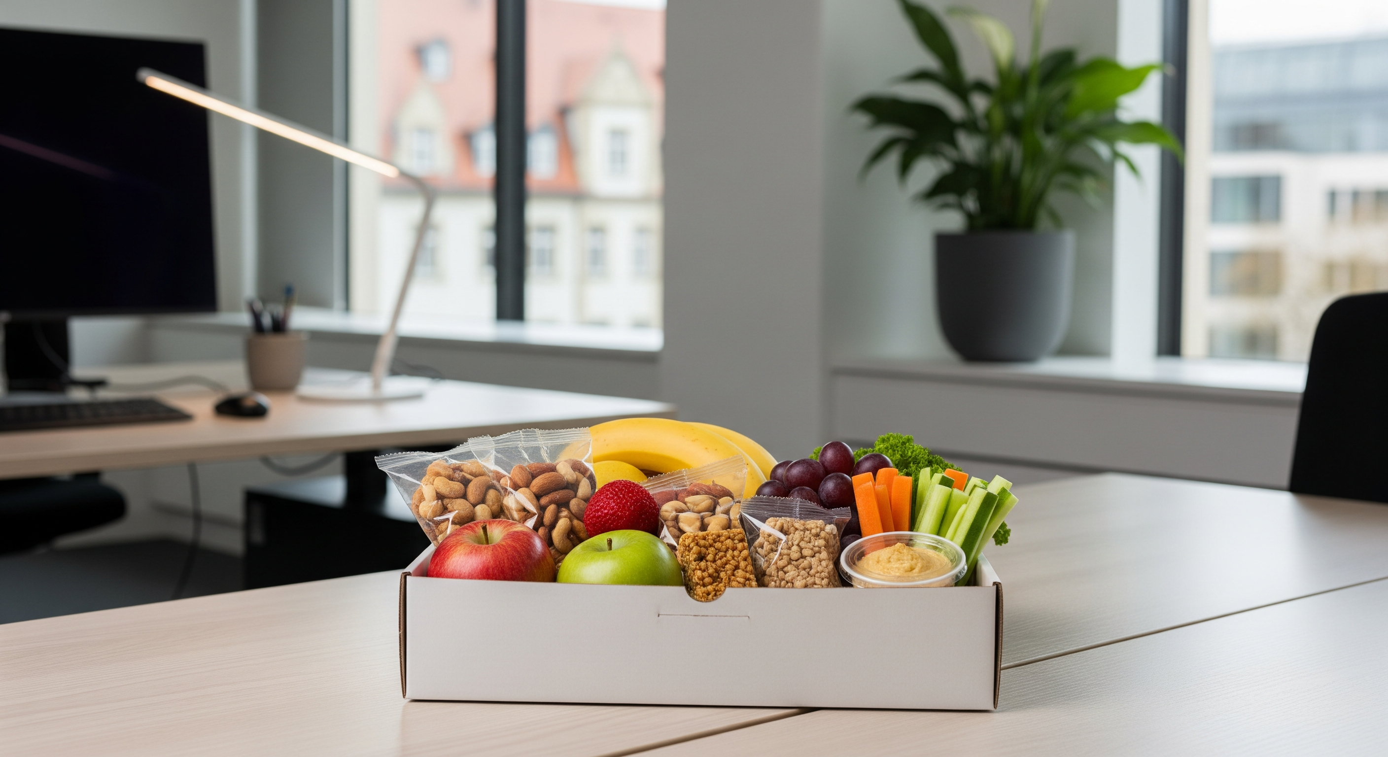 Snackbox mit gesunden Snacks auf einem Bürotisch in Stuttgart während einer Team-Pause