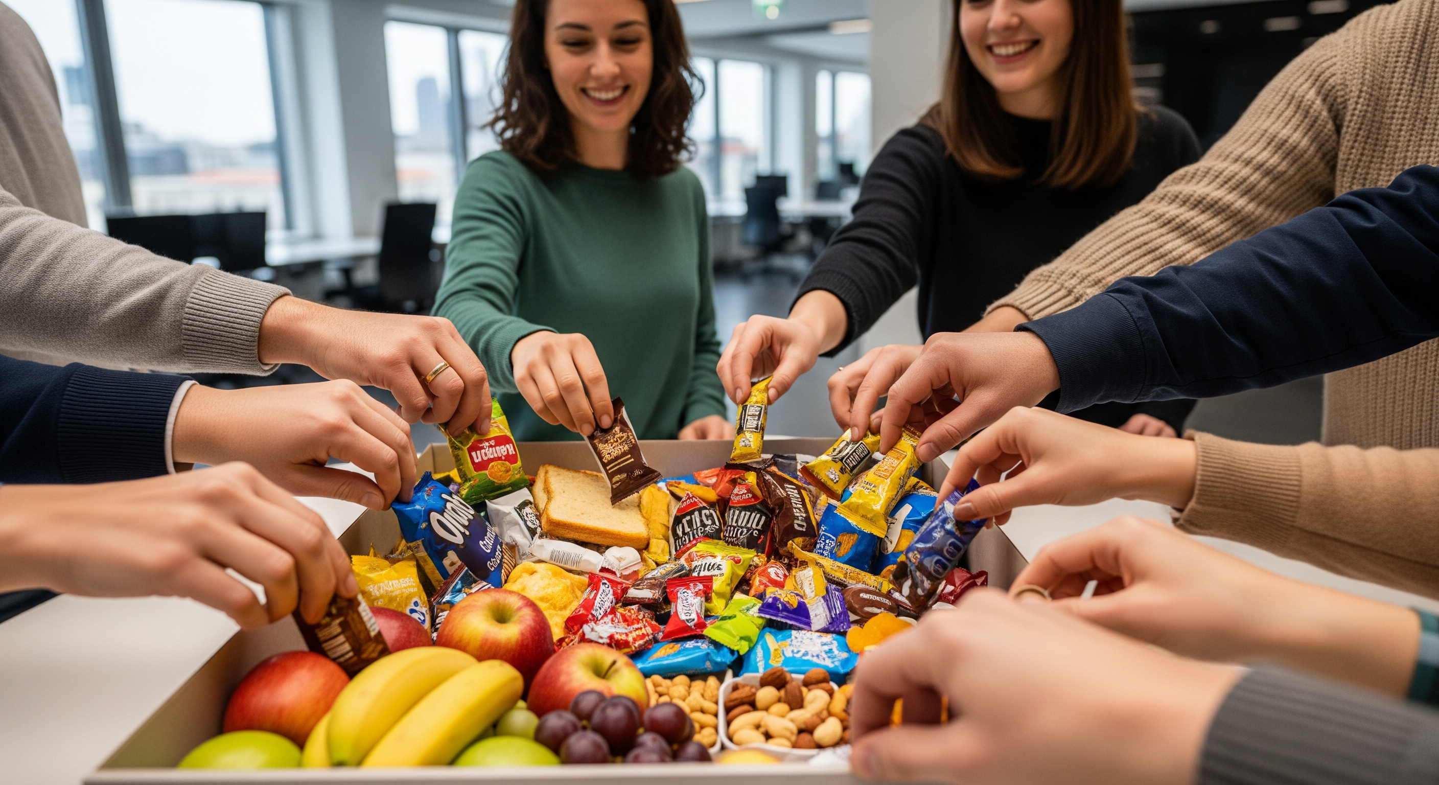 Mitarbeiter greifen gemeinsam in eine vielfältige Snackbox im modernen Büro