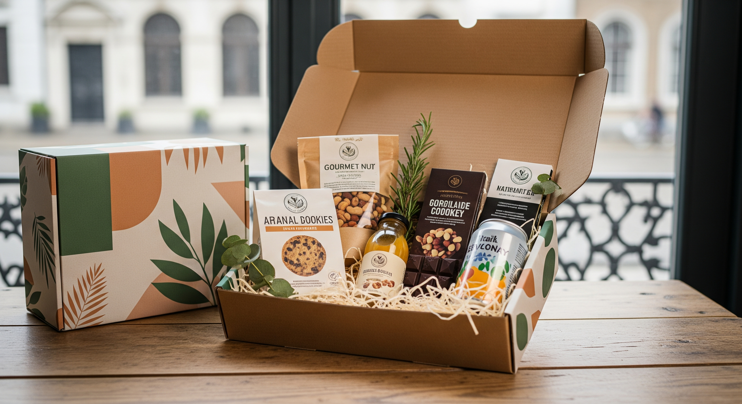 Eine stilvoll verpackte vegane Geschenkbox mit Snacks und Getränken auf einem Holztisch