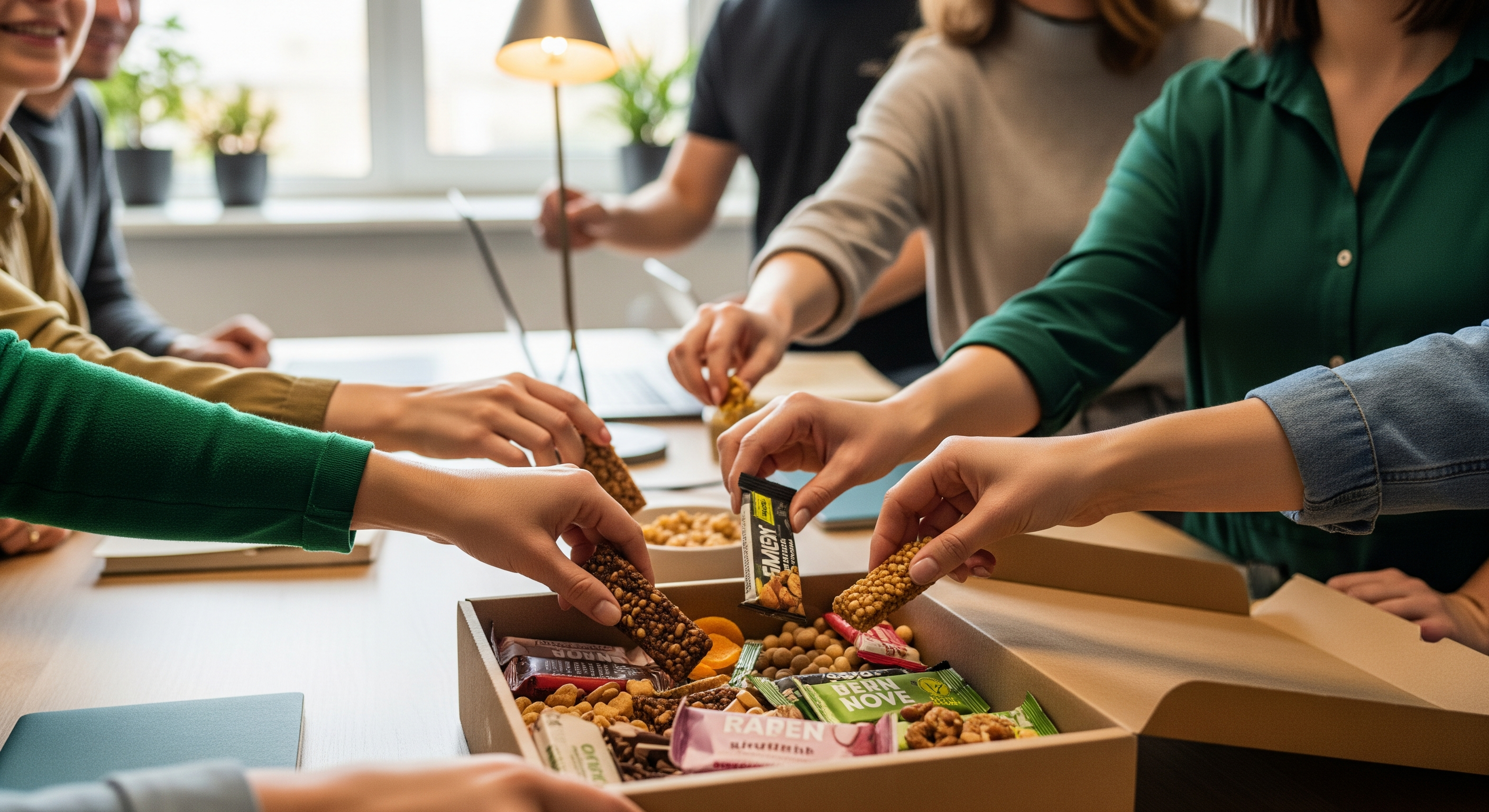 Mitarbeitende greifen im Büro gemeinsam in eine vegane Snackbox mit Riegeln und Nüssen