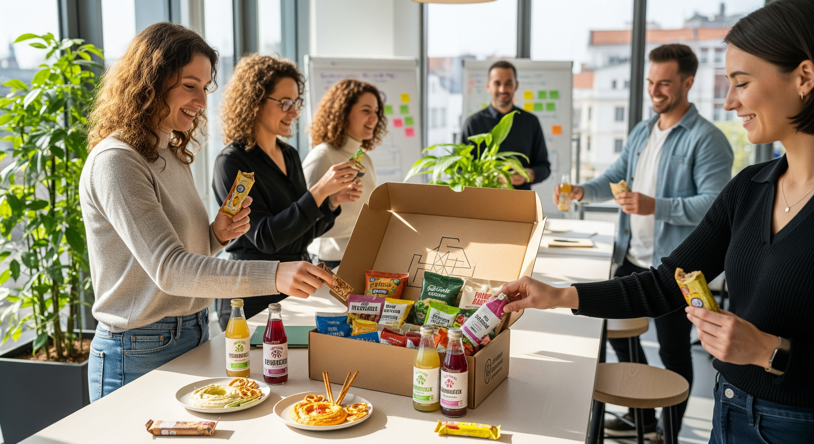 Mitarbeitende greifen im modernen Büro zu veganen Snacks und Getränken aus einer Snackbox
