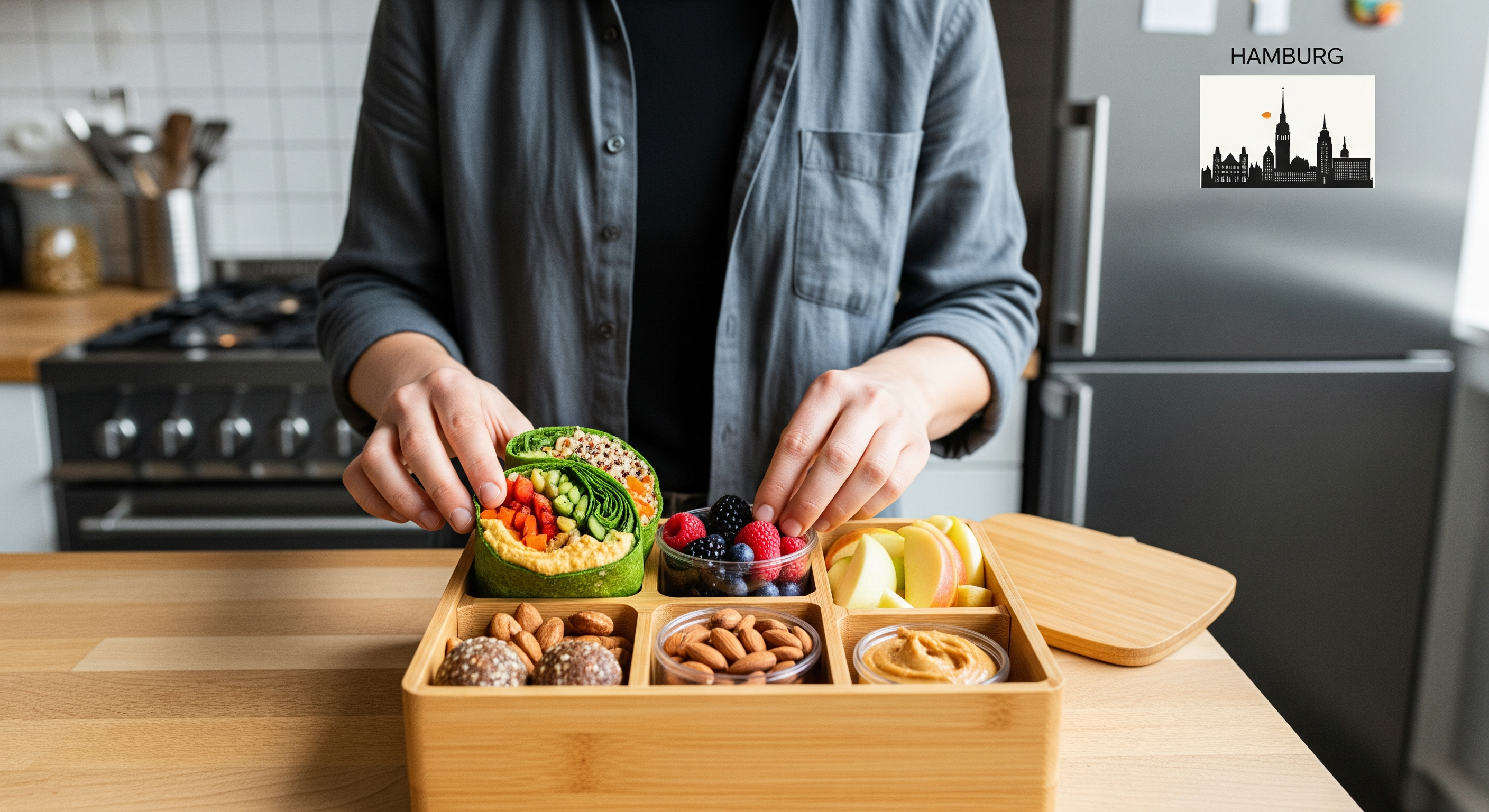 Person packt vegane Snacks in eine nachhaltige Box in einer modernen Küche